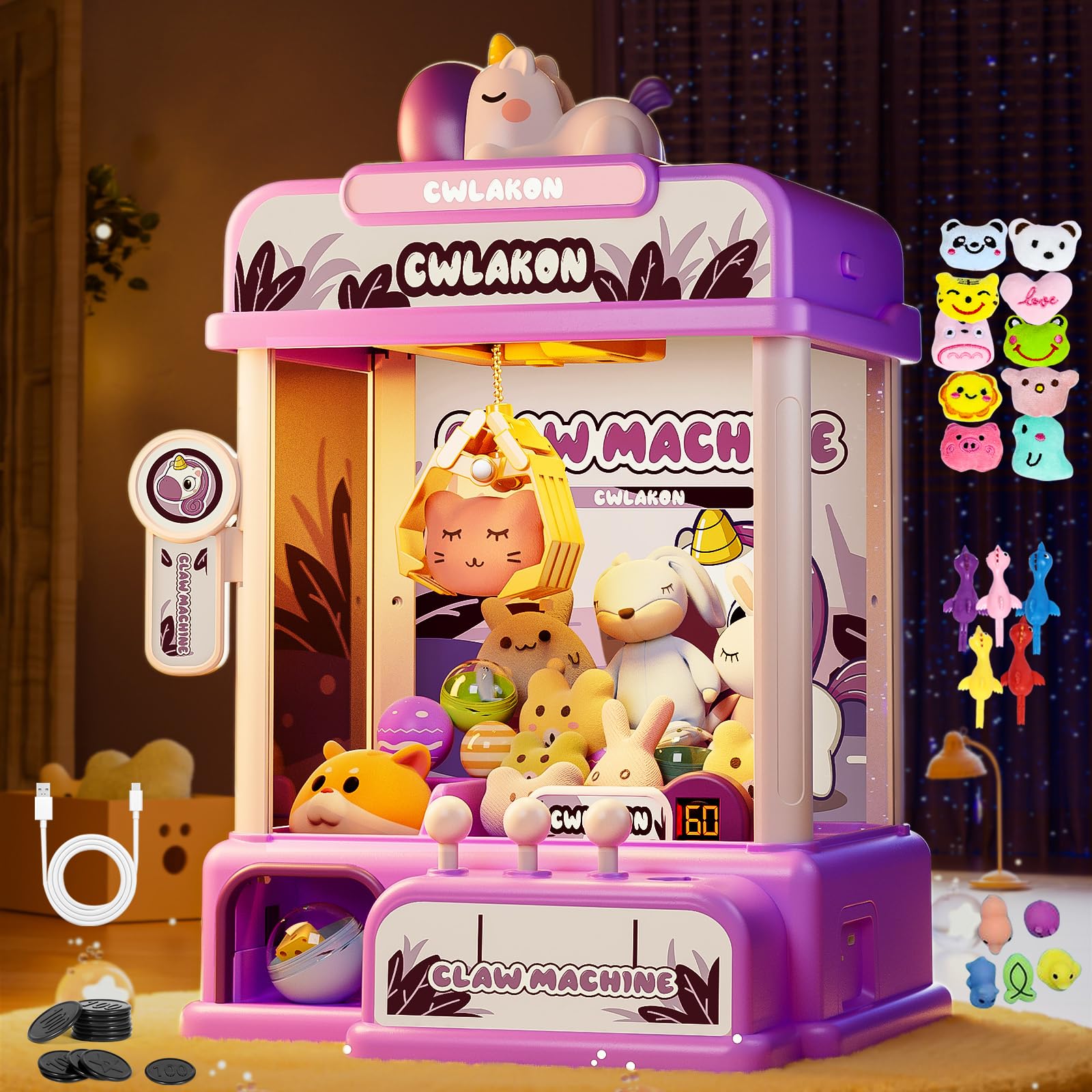 CWLAKON Claw Machine for Kids, Mini Vending Machine Unicorns Toys with Sound for Girls Age 3+, Candy Grabber Prize Dispenser Machine Arcade Games with Mini Plush Toys, Christmas Birthday Gifts