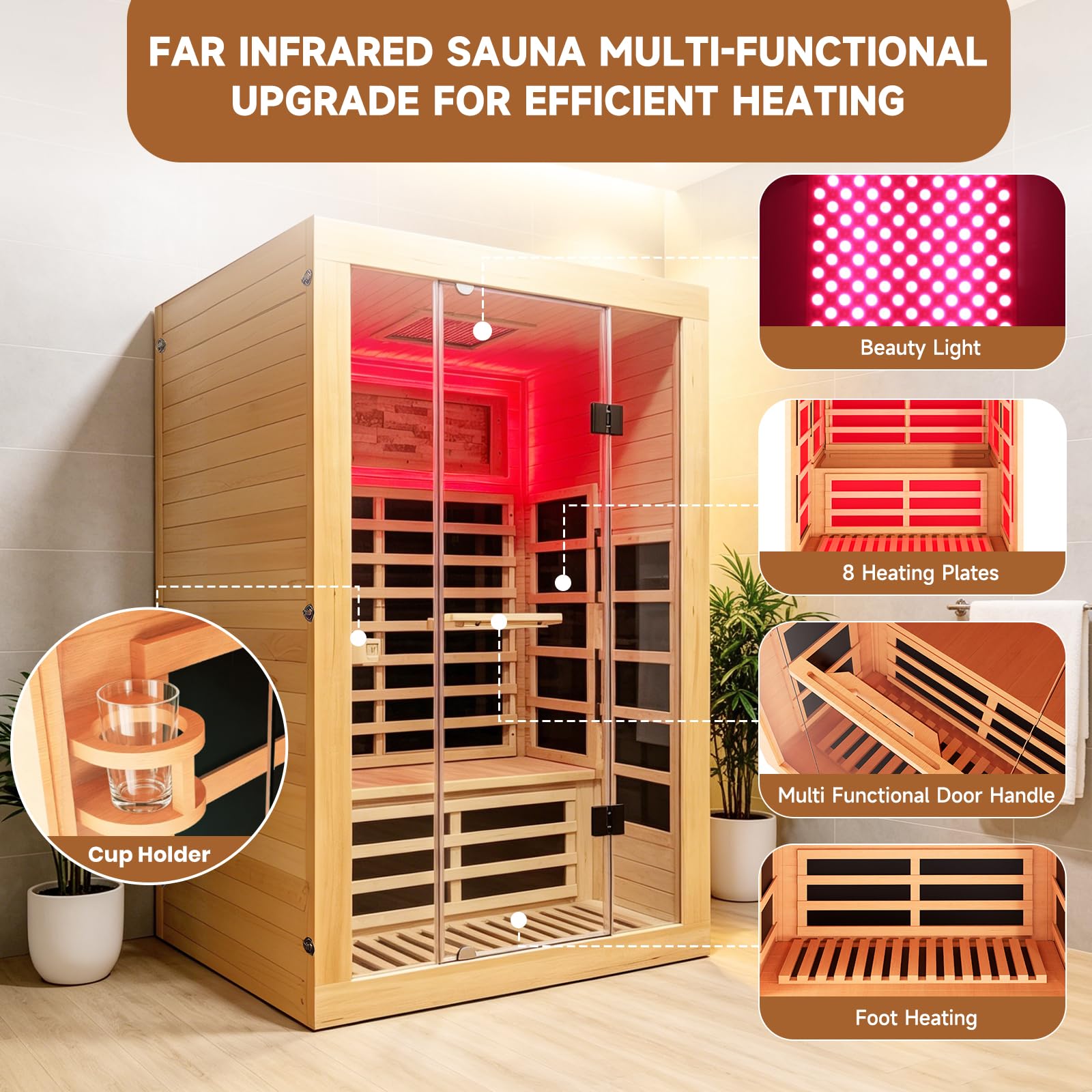 2 Person Infrared Sauna Far Infrared Sauna Room for Home Indoor 2000W Low-EMF Wood Dry Sauna with Full Starry Sky Lights Ceiling in 7 Color Speaker Fast Heating Easy Assembly- 47.3*41.3*74.8 IN