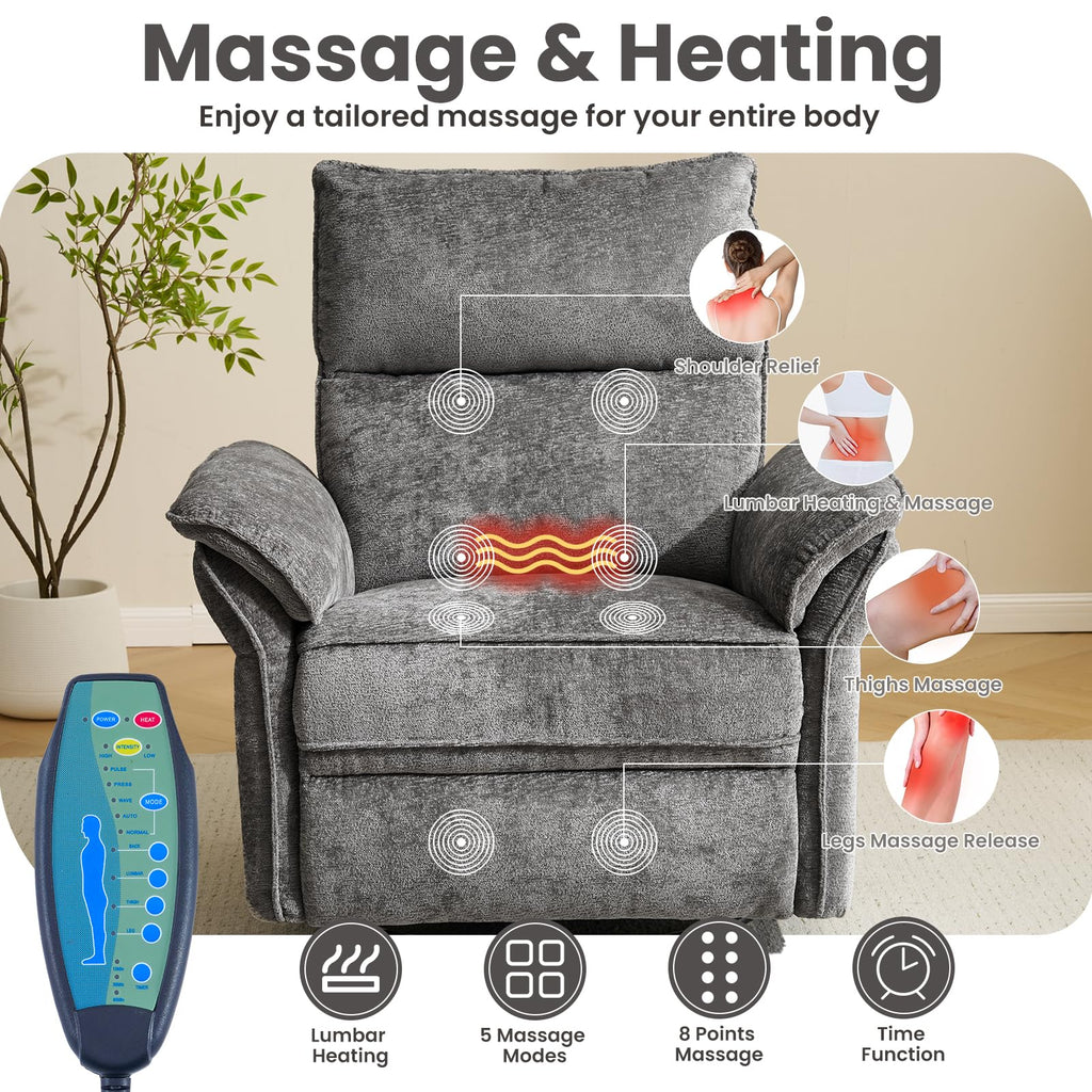 Oversized Rocking Chair Nursery with Massage and Heat, Glider Recliner Nursery Chair with Adjustable Headrest, Power Swivel Rocker Recliner Chair with USB Port, Dark Grey