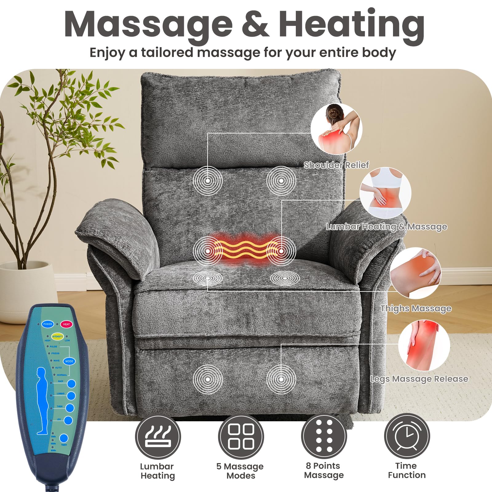 Oversized Rocking Chair Nursery with Massage and Heat, Glider Recliner Nursery Chair with Adjustable Headrest, Power Swivel Rocker Recliner Chair with USB Port, Dark Grey