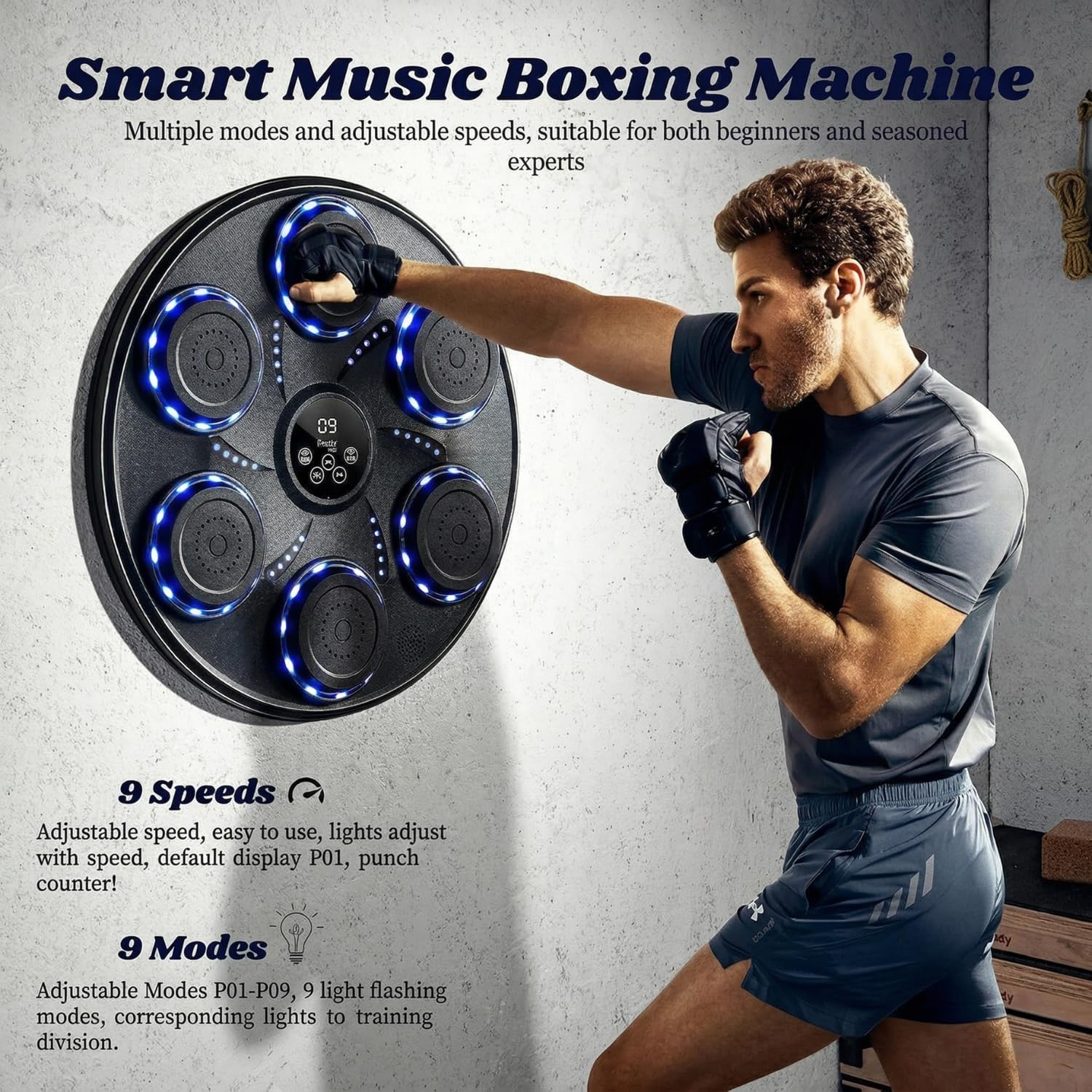Music Boxing Machine for Adults and Kids, Interactive Punching Trainer with Boxing Gloves | Bluetooth Smart Boxing Training Machine with 9 Modes & 9 Speeds | Large Size Wall for Home, Office, and Gym