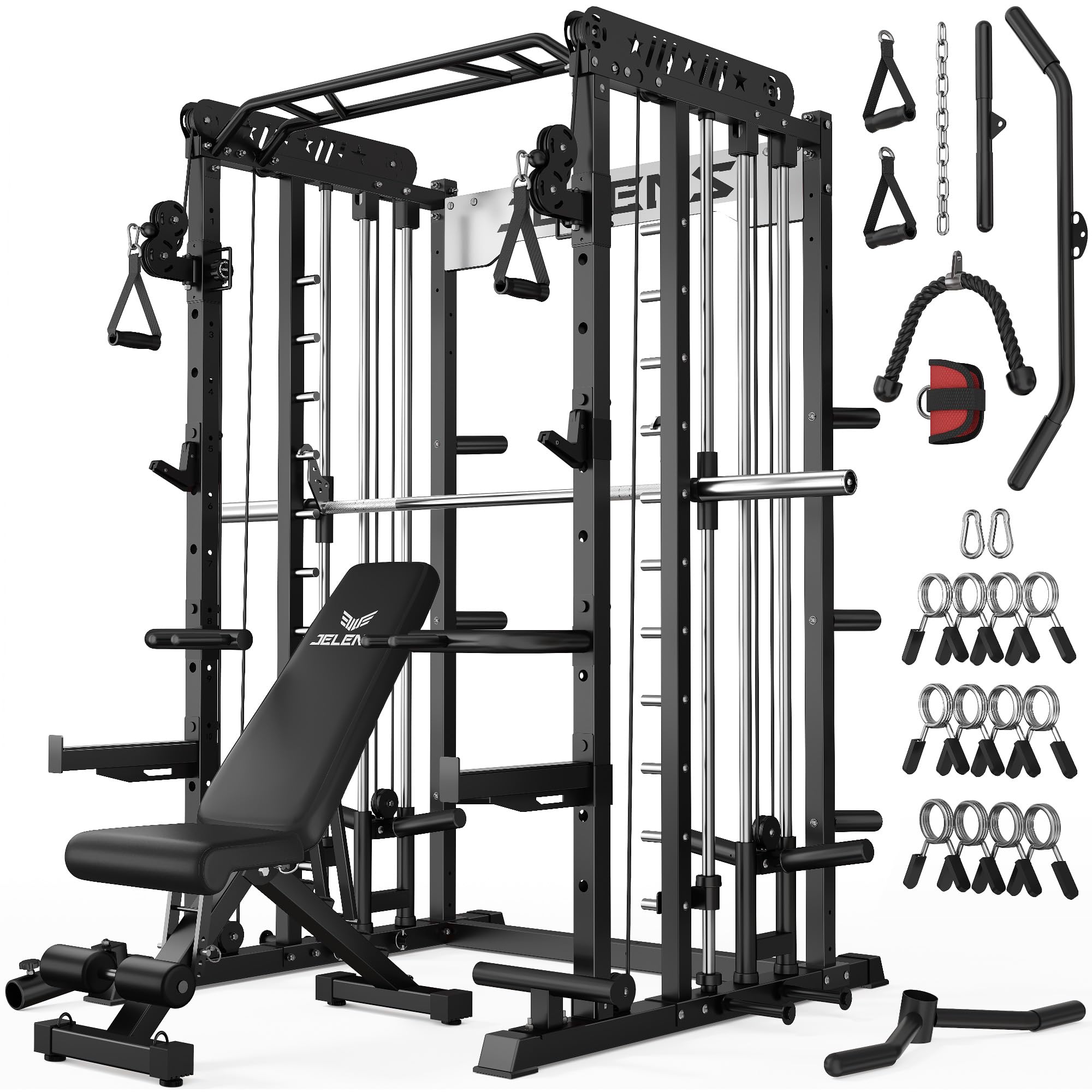 JELENS Smith Machine for Home Gym, Multi-Function M12 Power Cage with Cable Crossover System, Squat Rack with Smith Bar and More Attachment