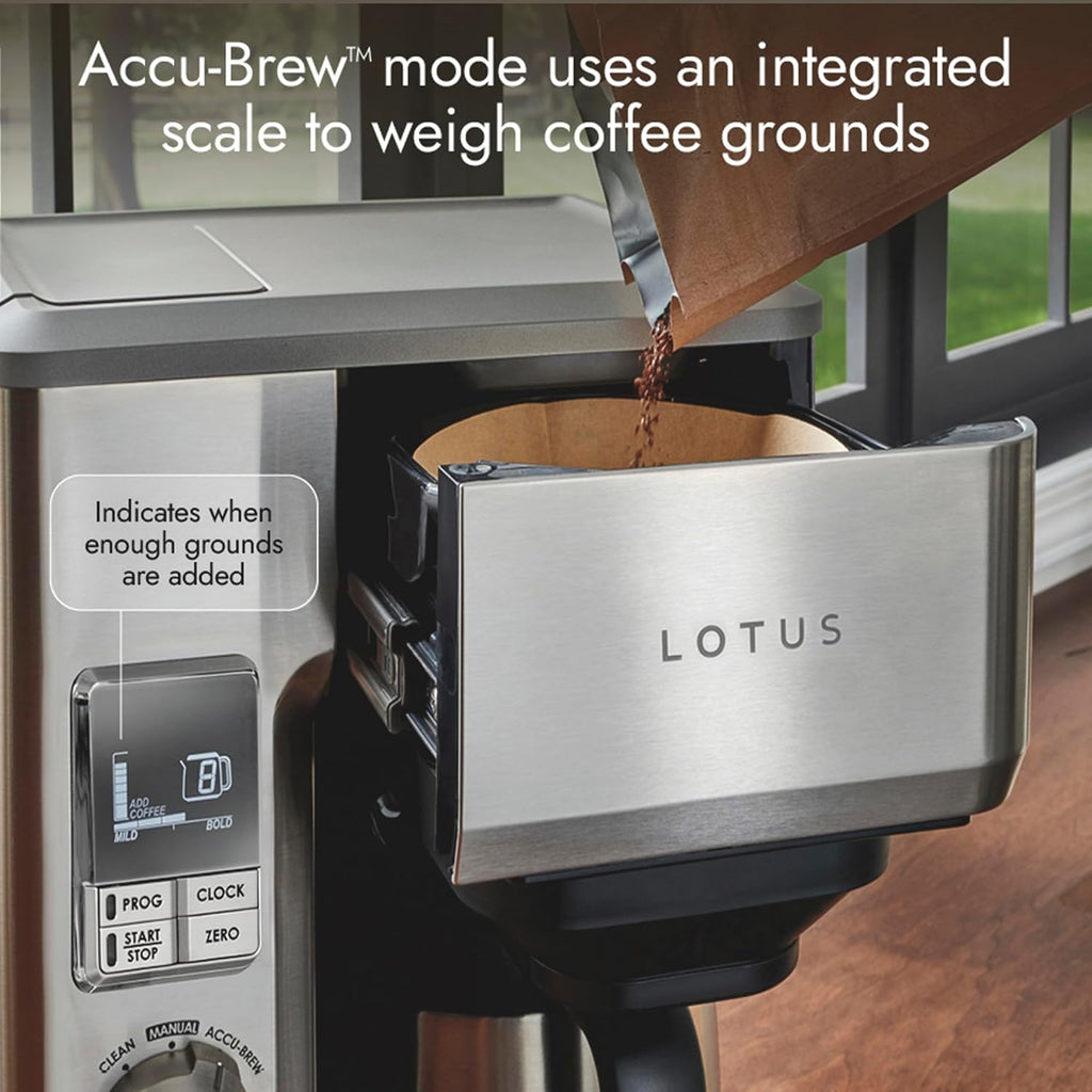 Lotus Coffee Maker with Grounds Scale, Programmable 10-Cup Coffee Maker, The Top Drip, 1500 Watts, Stainless Steel, Professional Series, LTSCM500