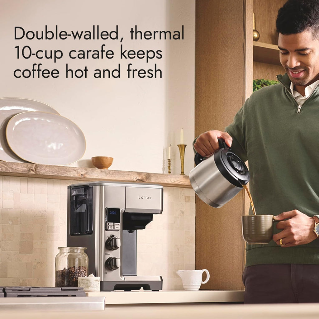 Lotus Coffee Maker with Grounds Scale, Programmable 10-Cup Coffee Maker, The Top Drip, 1500 Watts, Stainless Steel, Professional Series, LTSCM500