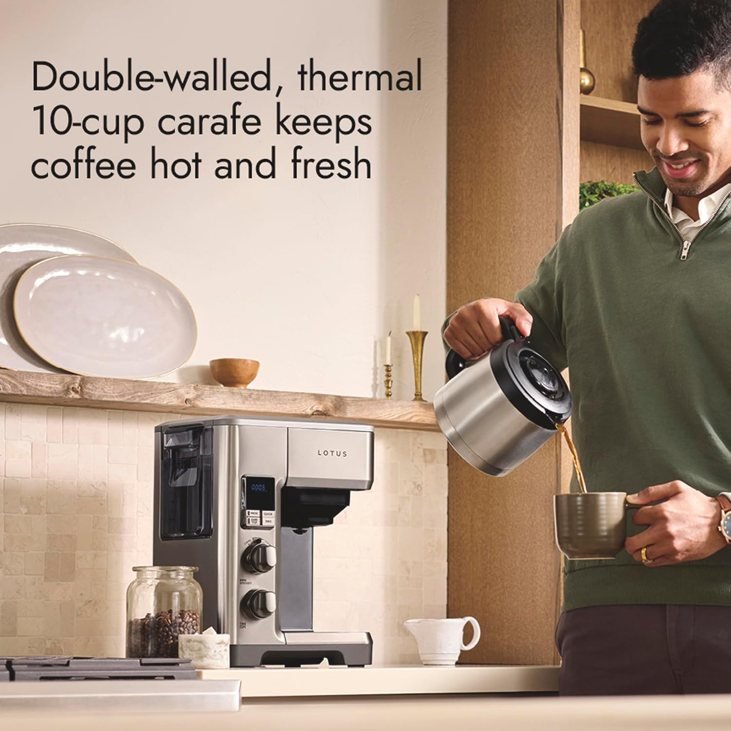 Lotus Coffee Maker with Grounds Scale, Programmable 10-Cup Coffee Maker, The Top Drip, 1500 Watts, Stainless Steel, Professional Series, LTSCM500
