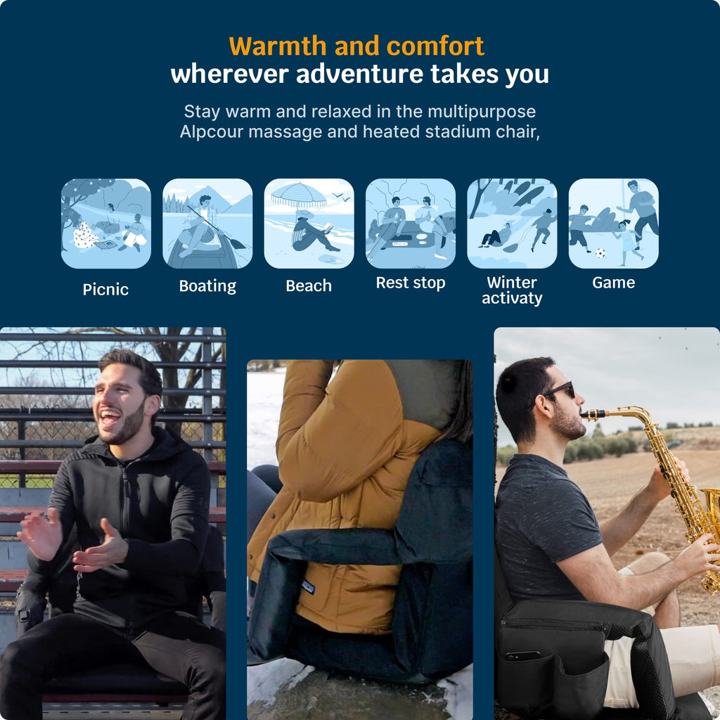 Alpcour Heated Massage Reclining Stadium Seat for Bleachers – Wide Bleacher Chair with Back Support and Cushion, Armrests, Large Pockets, and Multiple Safety Features – Best Stadium Seats Chairs