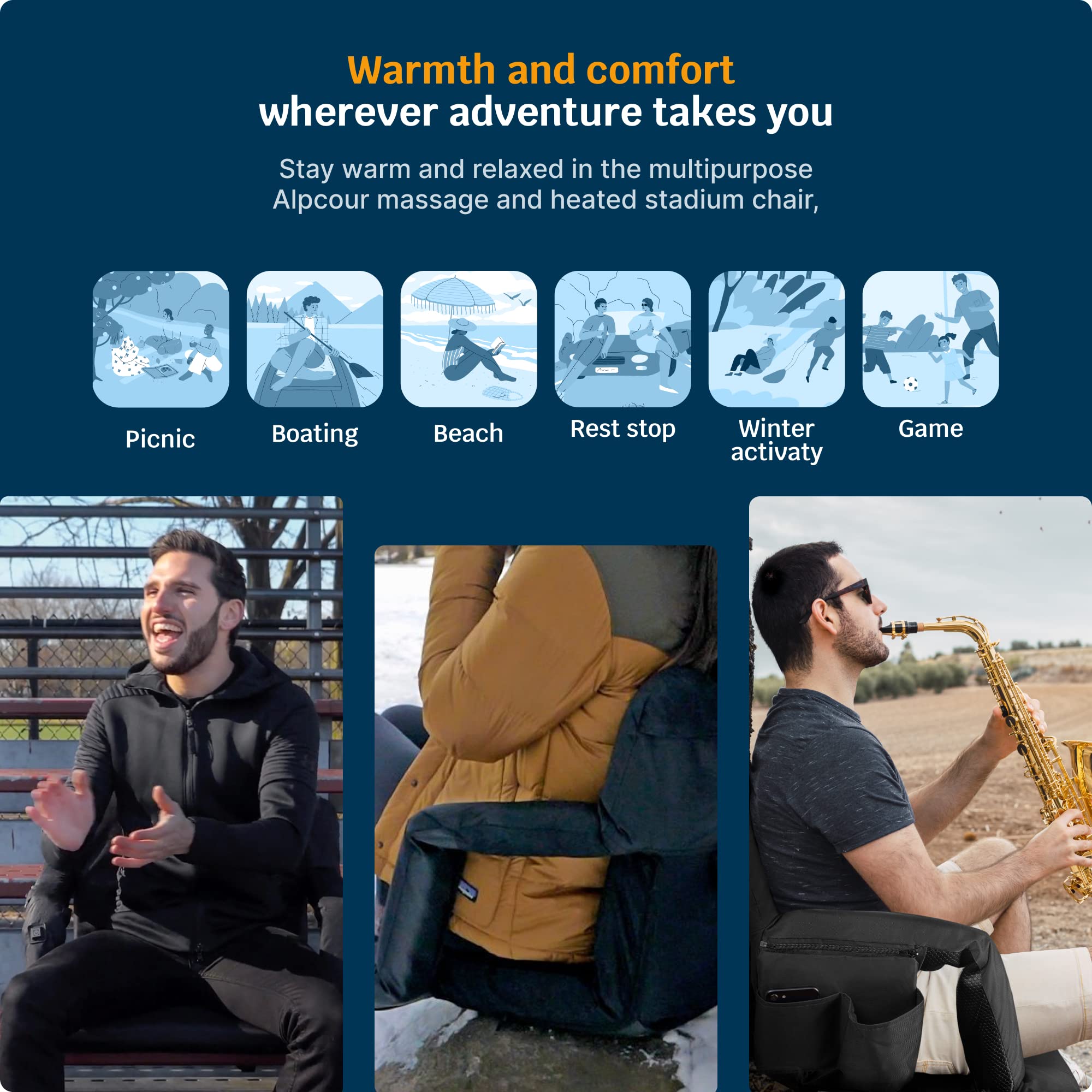 Alpcour Heating Massage Stadium Seat – Deluxe Reclining Bleacher Chair with Back & Arm Support – Built-in Heater and Massager - Extra Thick, Lightweight and Waterproof with Detachable Pockets