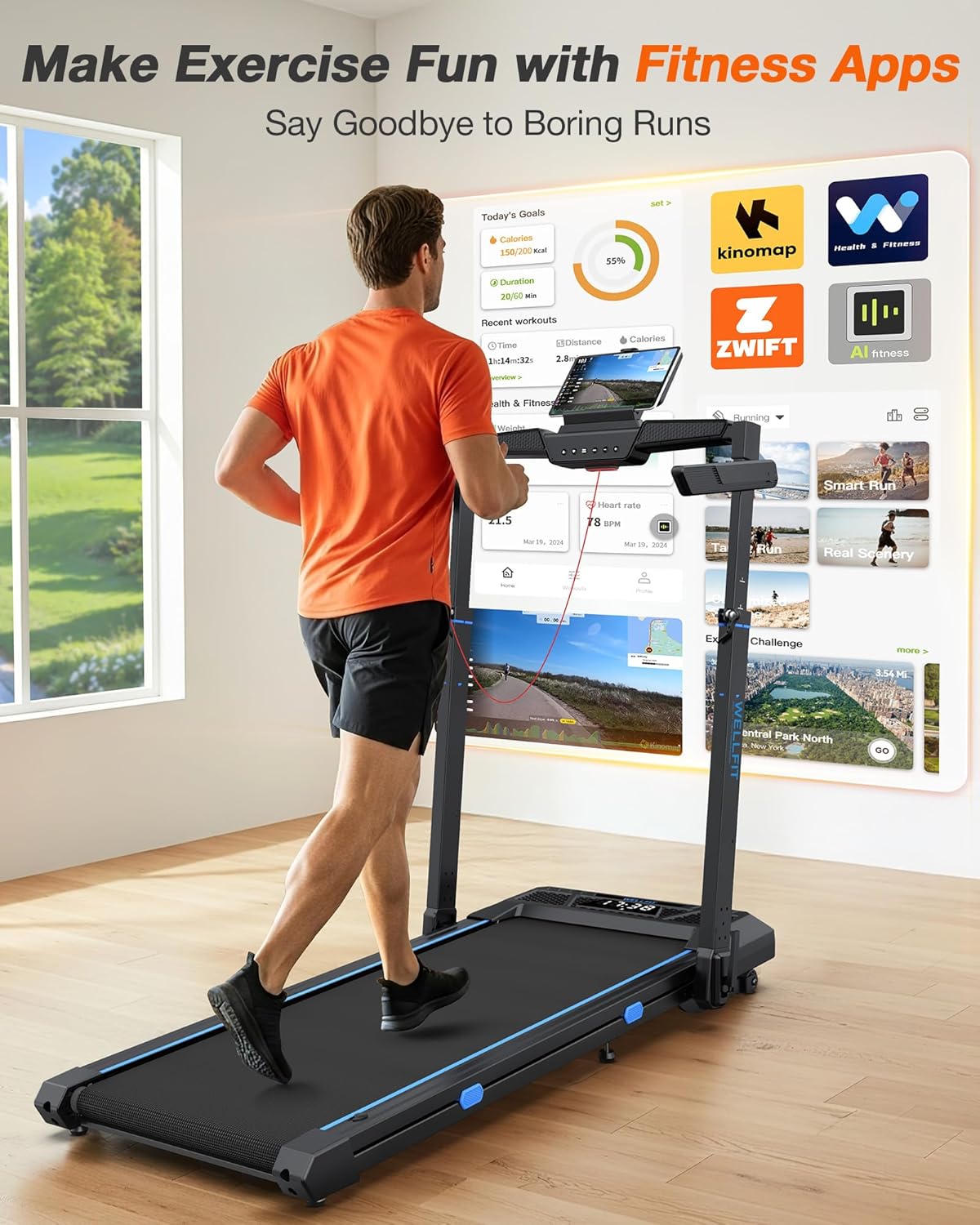 WELLFIT Treadmill with Auto Incline, 4 in 1 Foldable Treadmills for Home with Adjustable Height, 3.5HP Quiet Under Desk Treadmill, 400 LBS Capacity Portable Walking Pad with App, Space-Saving Design