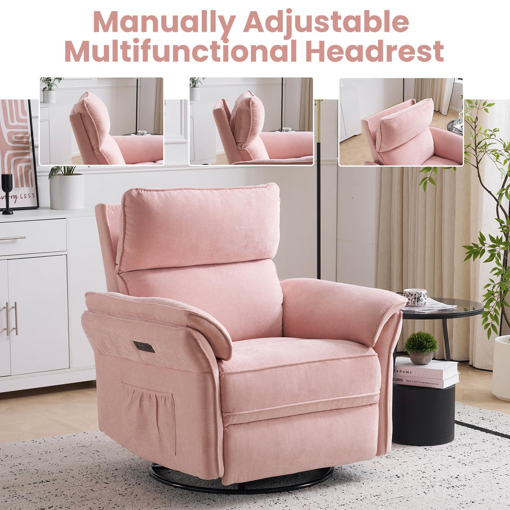 Oversized Rocking Chair Nursery with Massage and Heat, Glider Recliner Nursery Chair with Adjustable Headrest, Power Swivel Rocker Recliner Chair with USB Port, Dark Grey