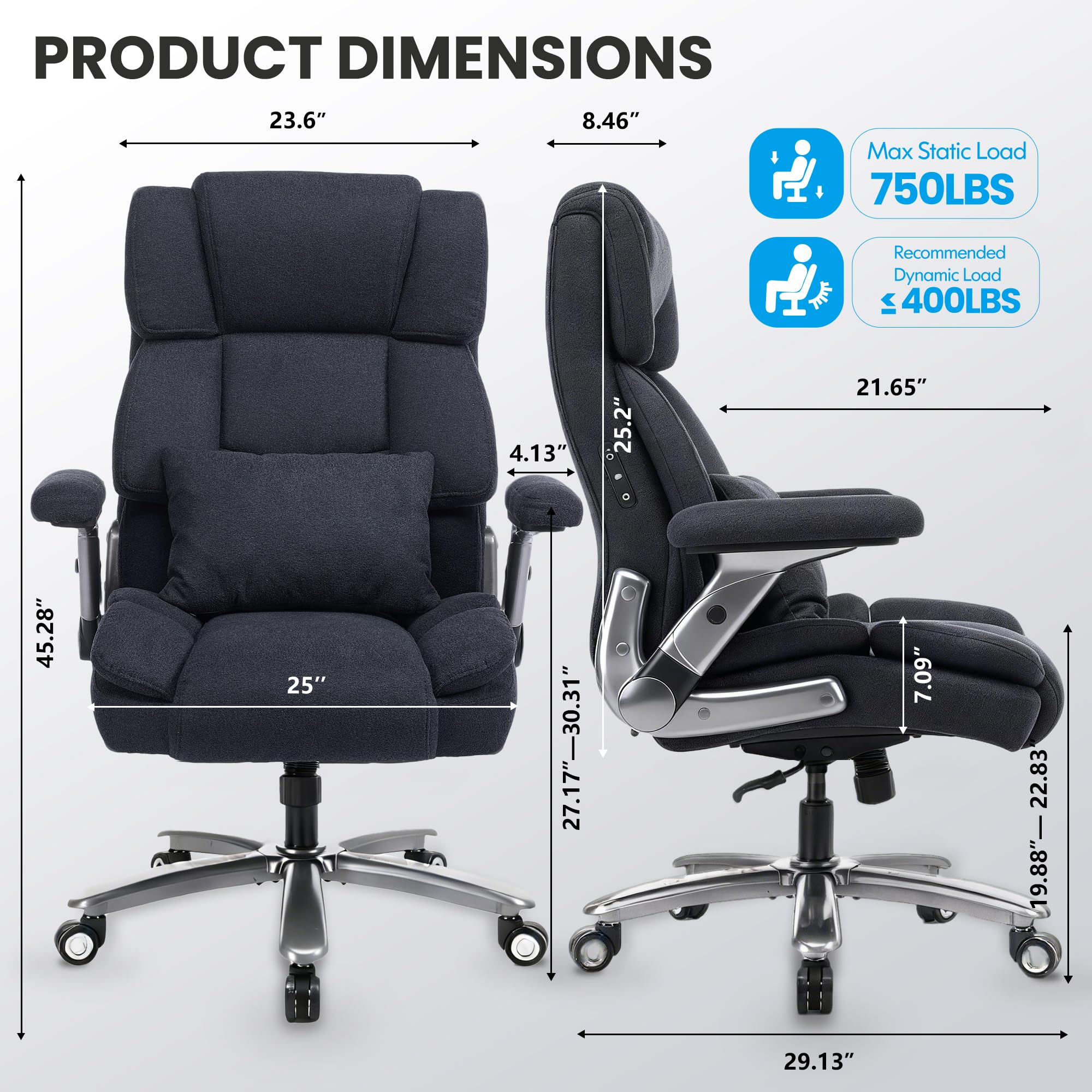 750lbs Heavy Duty Desk Chair with 3D Kneading Massage, Big and Tall Office Chairs with Ergonomic Support, 3D Armrests, 5 Quiet Dual Rubber Wheel, Thick Pocket Spring Cushion(Black, PU)