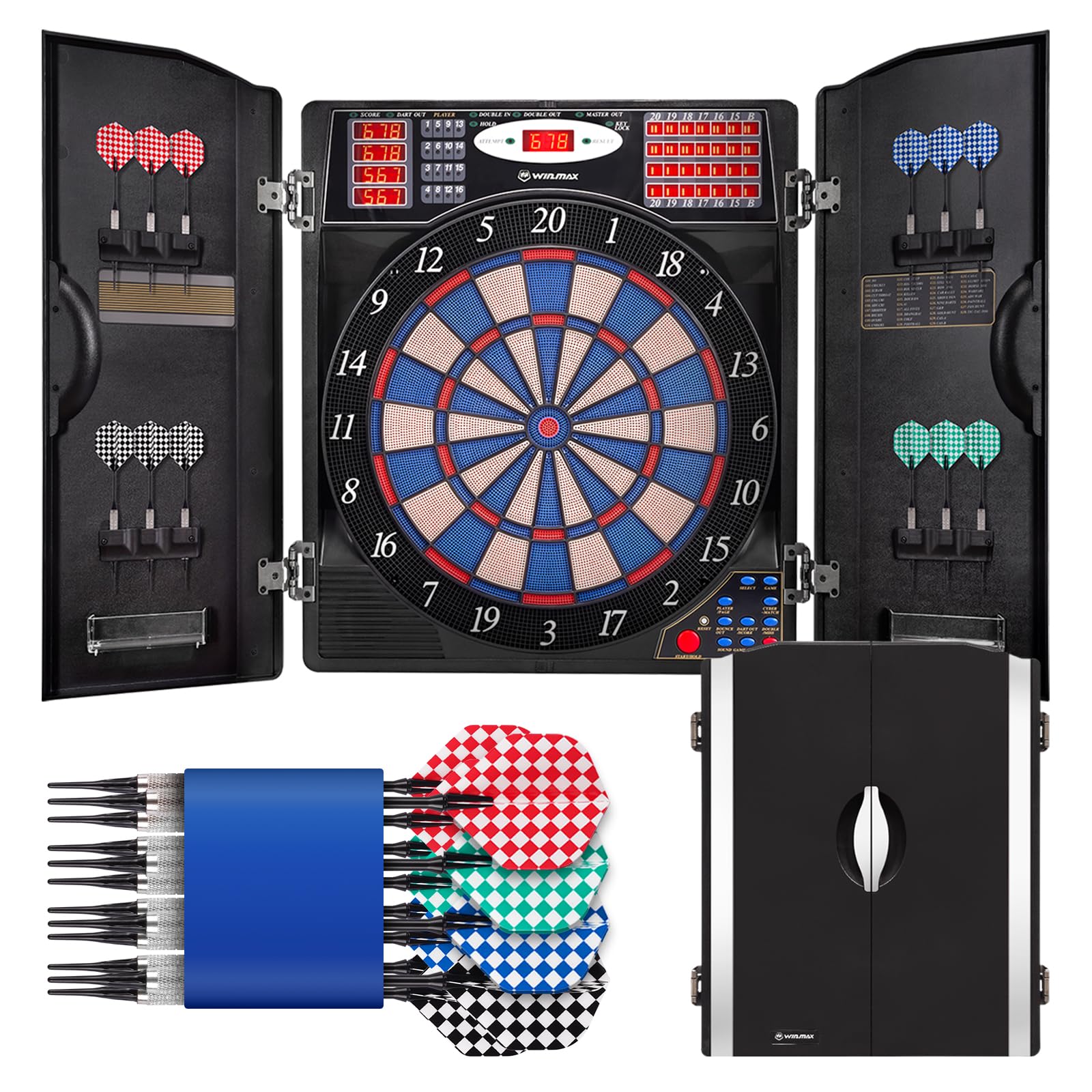 WIN.MAX Electronic Dart Board, Soft Tip Dartboard Cabinet Set for Adults, LED Scoring Dartboard with 38 Games & 211 Variants, Up to 16 Players, 12 Darts+40 Tips, Wall Mount for Bar Game Room Man Cave
