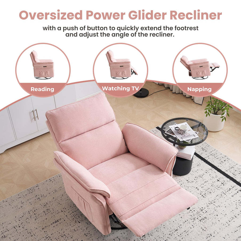 Oversized Rocking Chair Nursery with Massage and Heat, Glider Recliner Nursery Chair with Adjustable Headrest, Power Swivel Rocker Recliner Chair with USB Port, Dark Grey