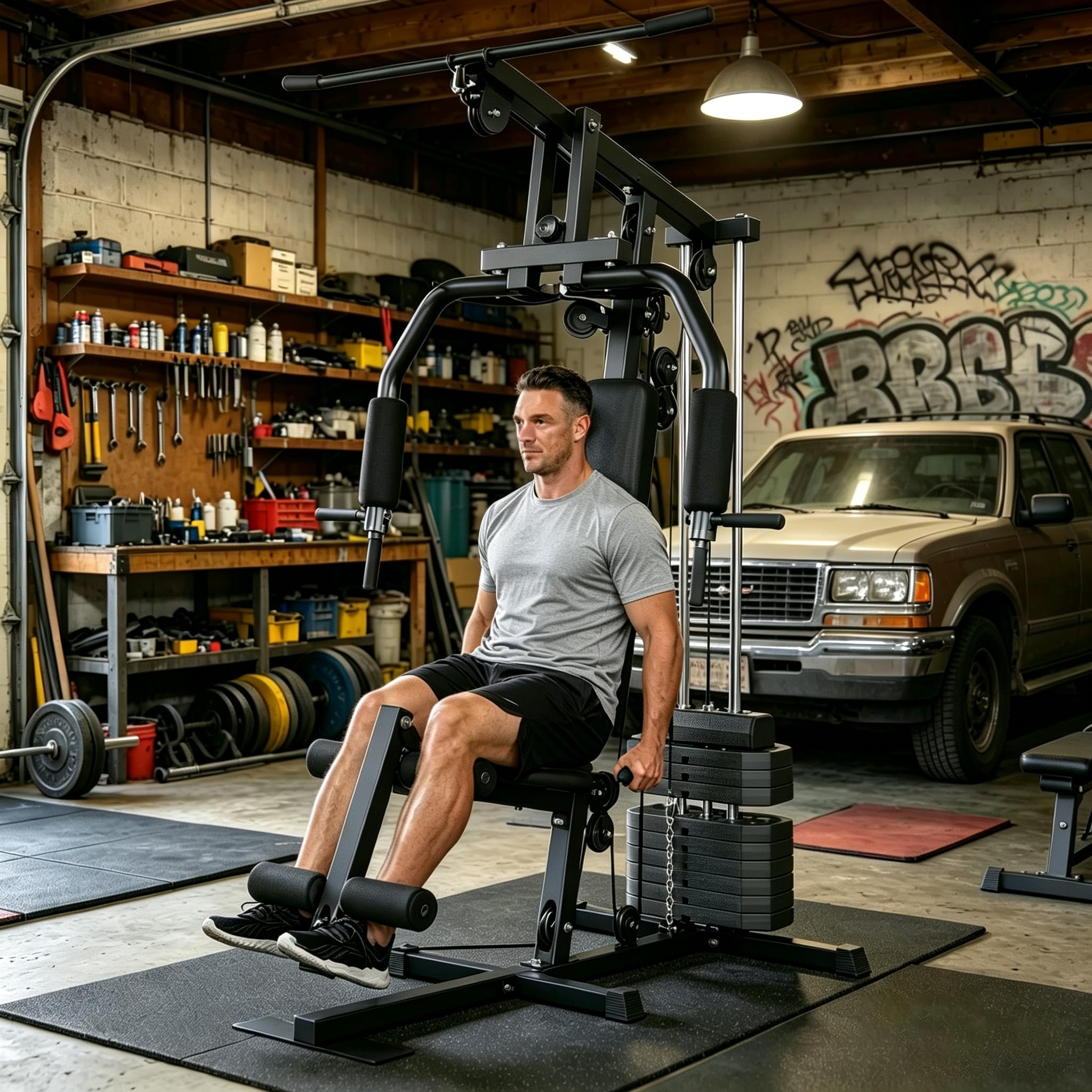 Home Gym Equipment, Multifunctional Workout Station with 100LBS Weight Stack, Home Gym Machine for Full Body Traning with LAT Pulldown System