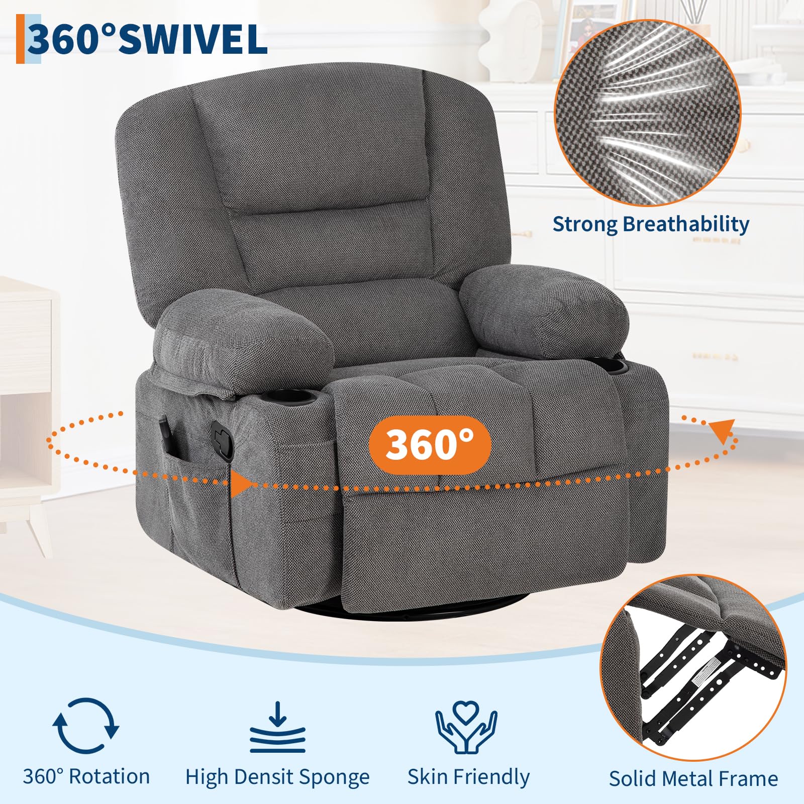 Oversized Wide Recliner Chair with Vibration Massage and Heat, 360° Swivel Recliner Glider for Adults,Chenille Fabric Manual Reclining Single Sofa with Cup Holders & Side Pockets for Living Room,White