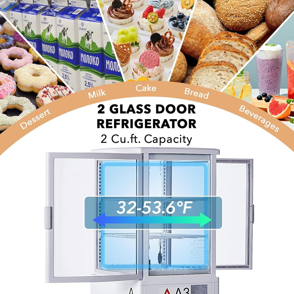 Commercial Display Refrigerator, 3.5 cu. ft./98 Liter Countertop Refrigerated Cake Display Cabinet, Refrigerator with Adjustable Shelves and Digital Controls, LED Display, For Cafes, Bakeries, White
