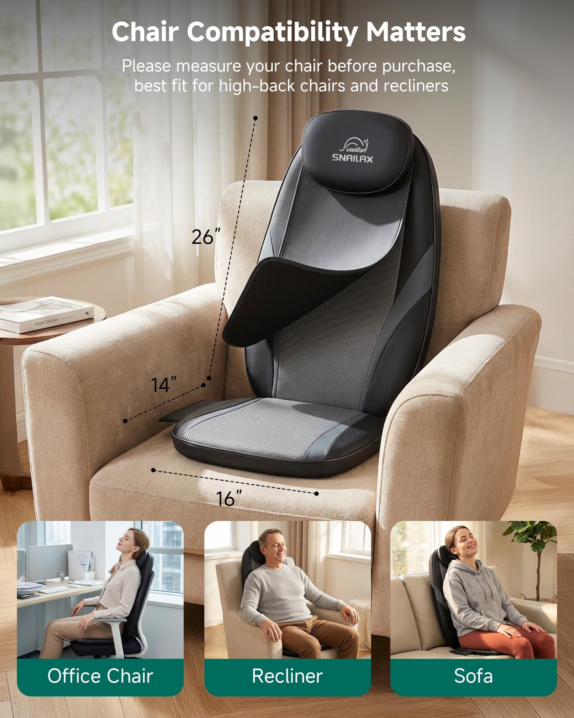Snailax 2026 Upgraded Shiatsu Roller Back Massager with Heat Massage Chair Pad Kneading Back Massager for Pain Relief Deep Tissue Chair Massage Pad for Office Home Gift Fathers