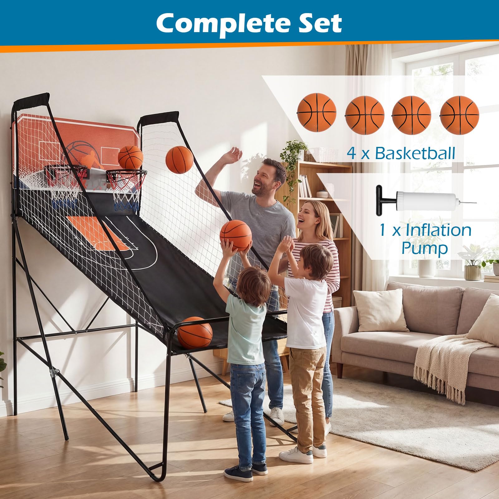 GYMAX Arcade Basketball Game Indoor Foldable with 8 Game Modes, Arcade Sound, 4 Balls and Inflation Pump, Electronic Basketball Games for Home