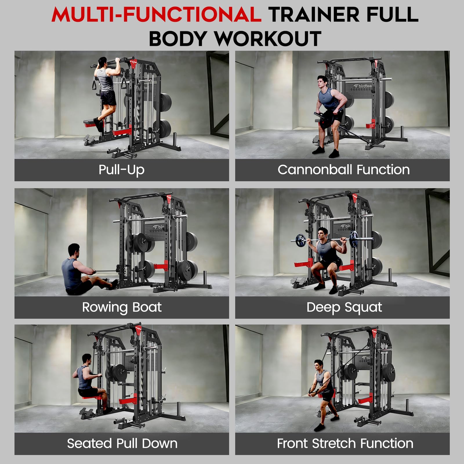 Multi-Function 2000LB Smith Machine Power Cage, Home Gym Squat Rack Featuring LAT Pulldown, Dual Pulley Cable Crossover, Gym-Quality Power Rack with Strength Training Attachments, Pegboard
