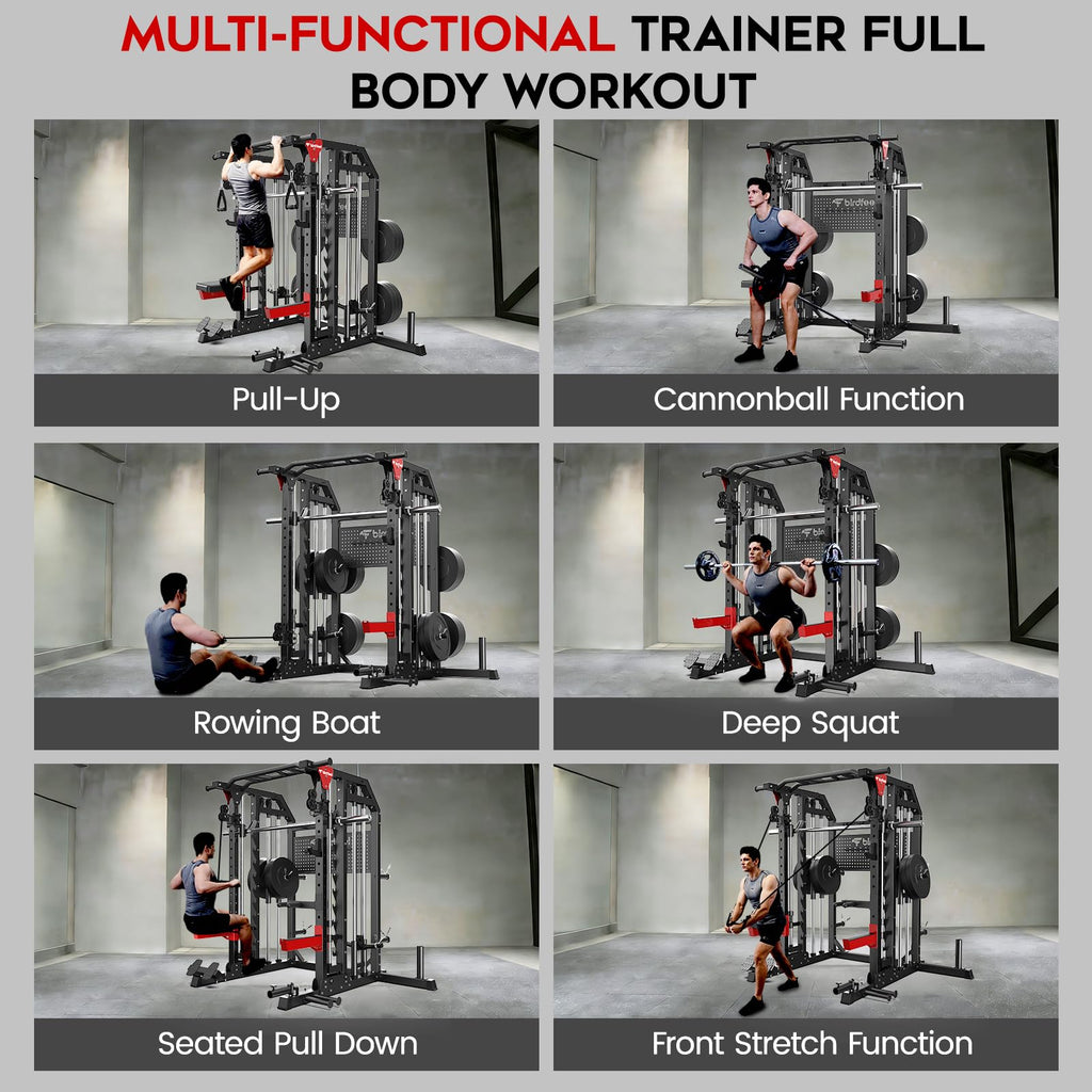 Multi-Function 2000LB Smith Machine Power Cage, Home Gym Squat Rack Featuring LAT Pulldown, Dual Pulley Cable Crossover, Gym-Quality Power Rack with Strength Training Attachments, Pegboard