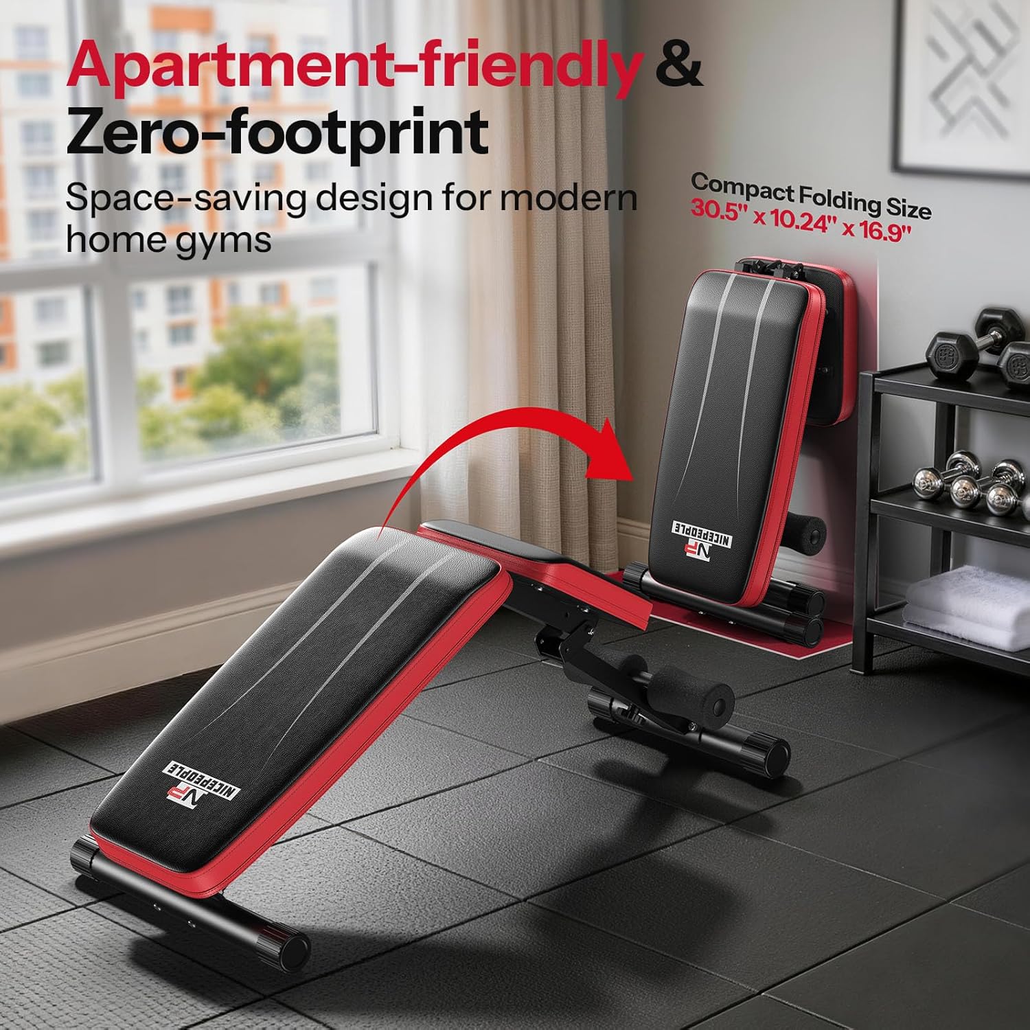 Nicepeople Adjustable Weight Bench up to 6.5'', Dual-Support Workout Bench & 10 Backrests for Chest Shoulders Arms for Home Gym, 660LBS Capacity but Compact and Foldable Strength Bench Apartment Room