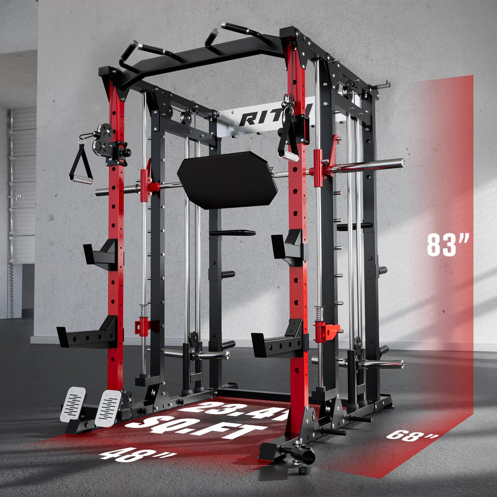 RitFit Buffalo Smith Machine, Power cage with LAT-Pull Down System & Cable Crossover System, All-in-One Squat Rack for Home Gym, Power Rack