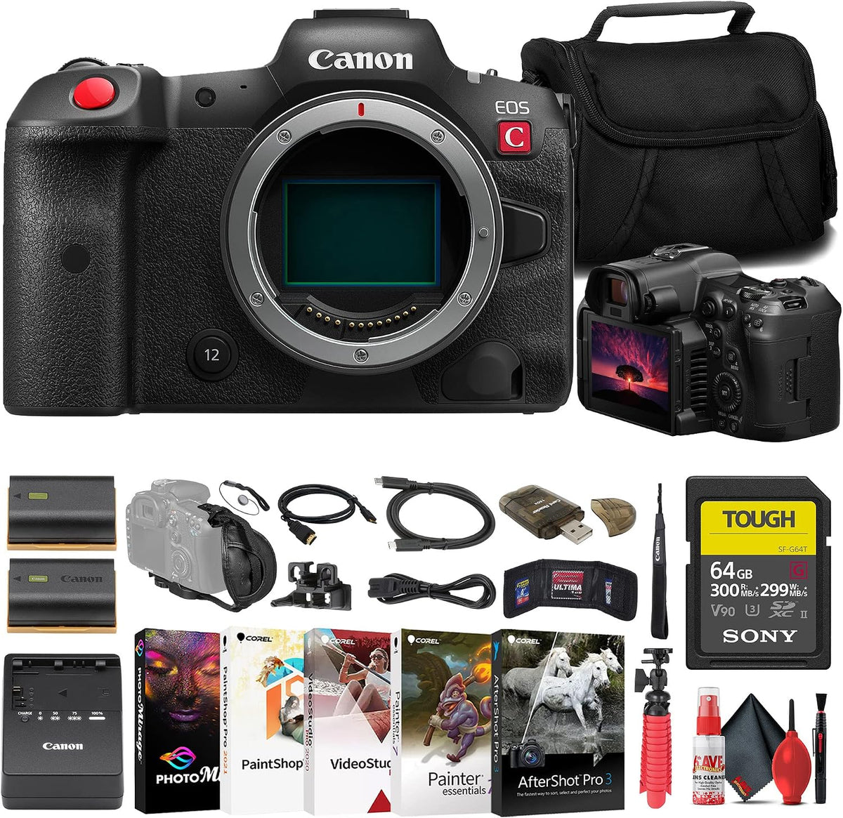 Canon EOS R5 C Mirrorless Cinema Camera with Tripod (5077C002) Bundle | For Photography & Video + Card Reader + Hand Strap + Charger + Photo Software + More