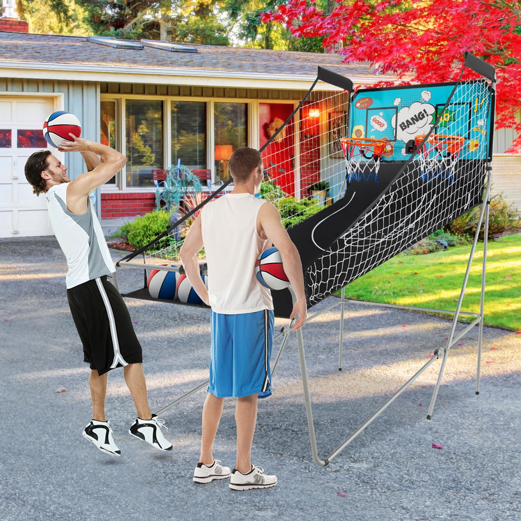 Goplus Foldable Dual Shot Basketball Arcade Game, Electronic Basketball Hoop w/LCD Scoreboard, 8 Game Modes, 4 Balls, Indoor Outdoor Basketball Game Machine for Adults (Green)