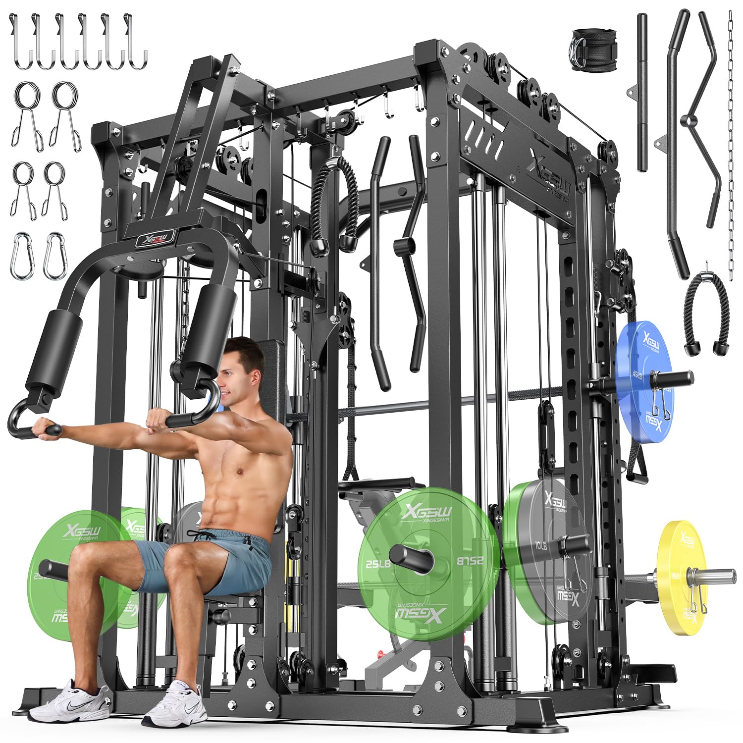 Smith Machine with Cable Crossover System, Multi-Function Power Cage Squat Rack for Home Gym, Power Rack and Packages Weight Sets.