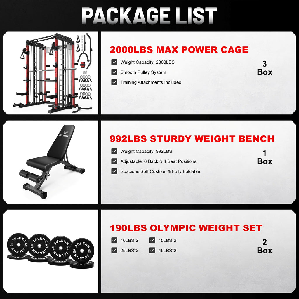 JELENS Smith Machine for Home Gym, Multi-Function M12 Power Cage with Cable Crossover System, Squat Rack with Smith Bar and More Attachment