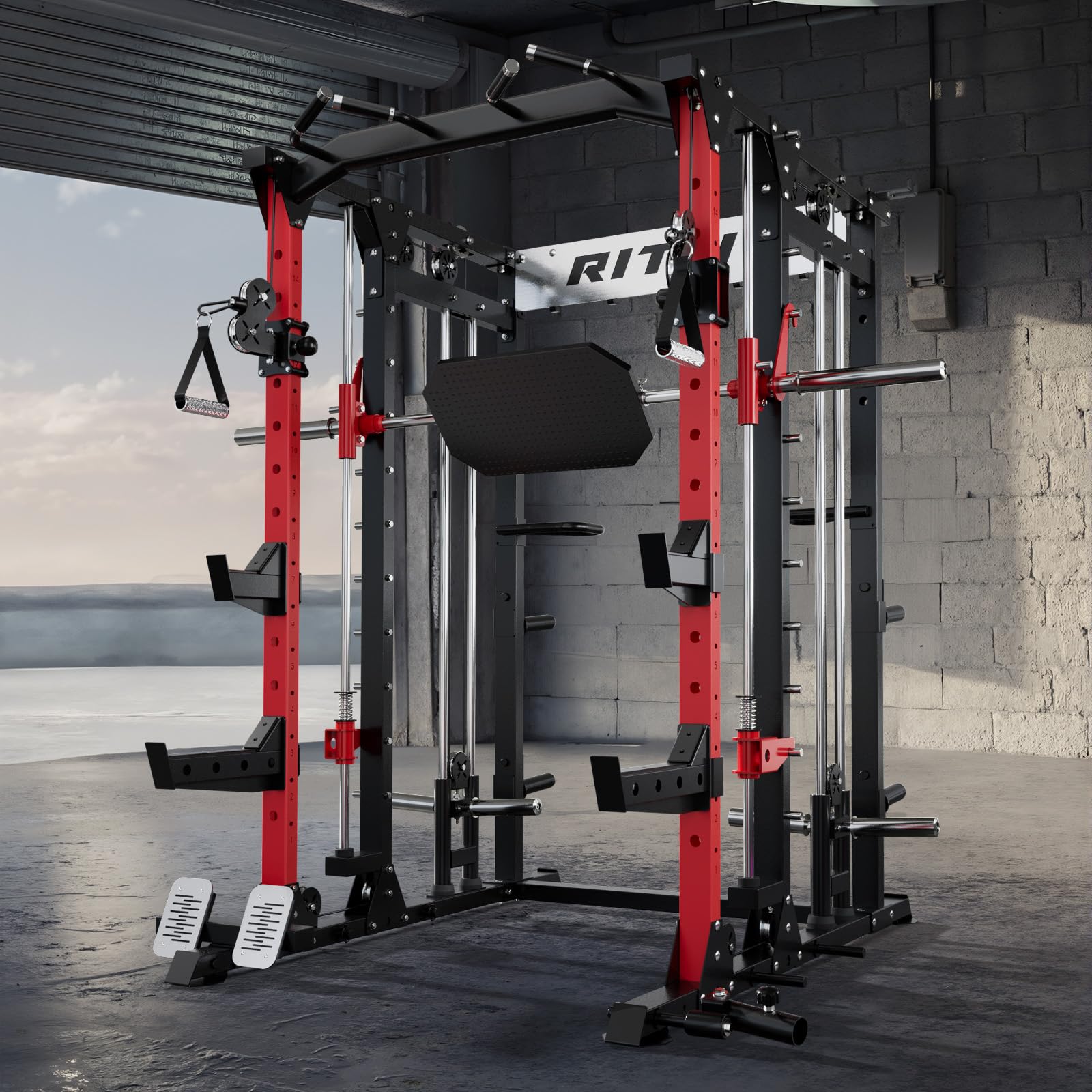 RitFit Buffalo Smith Machine, Power cage with LAT-Pull Down System & Cable Crossover System, All-in-One Squat Rack for Home Gym, Power Rack