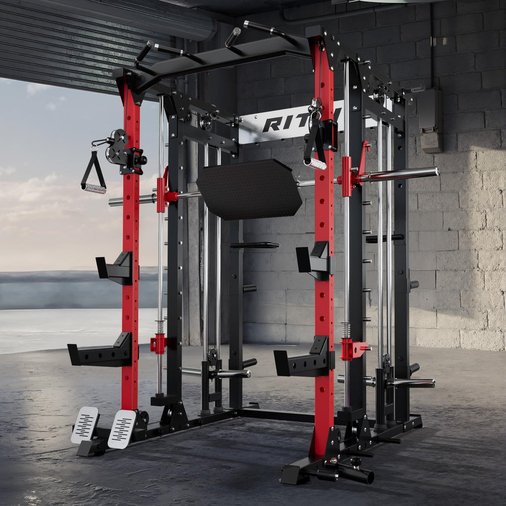 RitFit Buffalo Smith Machine, Power cage with LAT-Pull Down System & Cable Crossover System, All-in-One Squat Rack for Home Gym, Power Rack