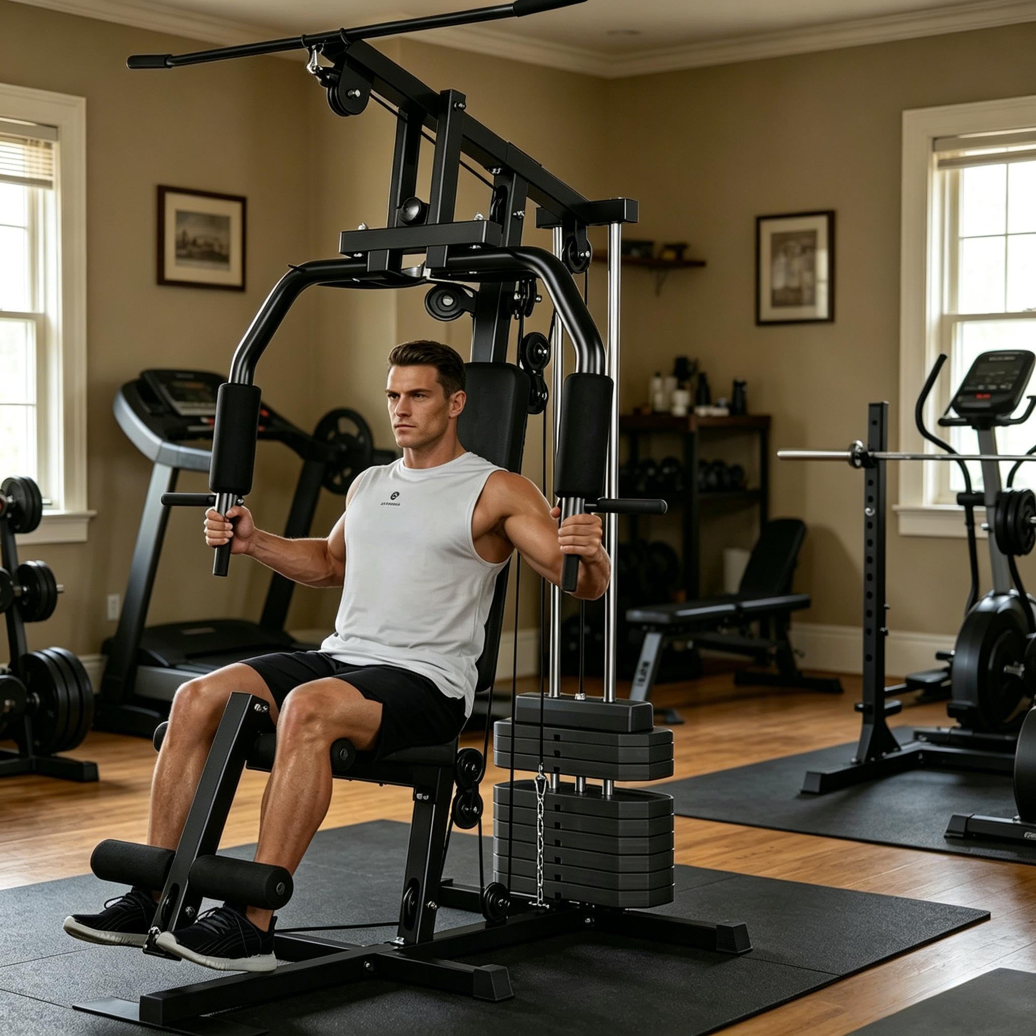 Home Gym Equipment, Multifunctional Workout Station with 100LBS Weight Stack, Home Gym Machine for Full Body Traning with LAT Pulldown System