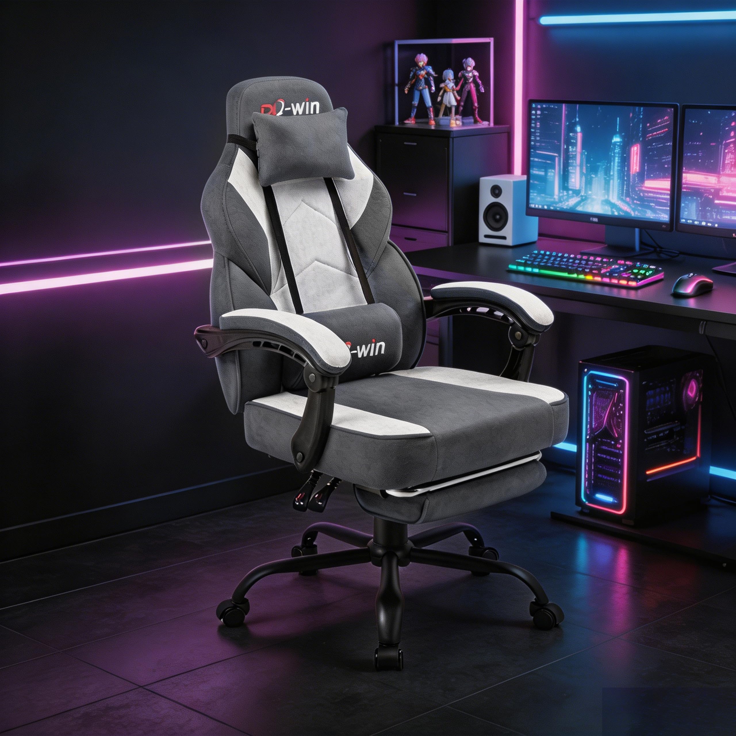 Shintenchi Big and Tall Gaming Chair Fabric Pocket Spring Cushion,High Back Recliner with Footrest and Headrest for Adults, Massage Lumbar Support for Home Office, Ergonomic Computer Desk Chair, Blue