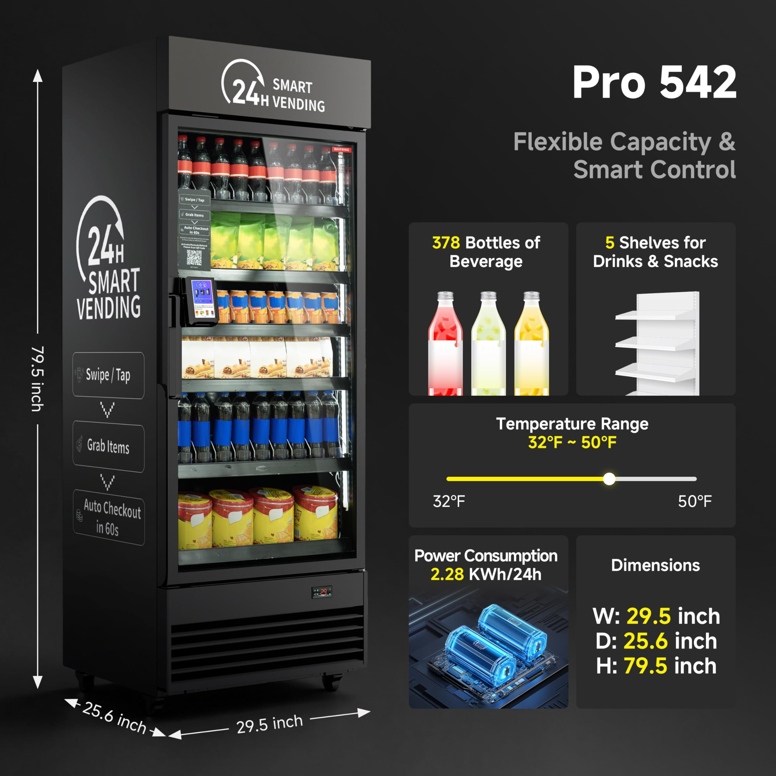 Vending Machine Combo,Smart Refrigerated Vending Machine with Touch Card Reader US542(Black, Pro)