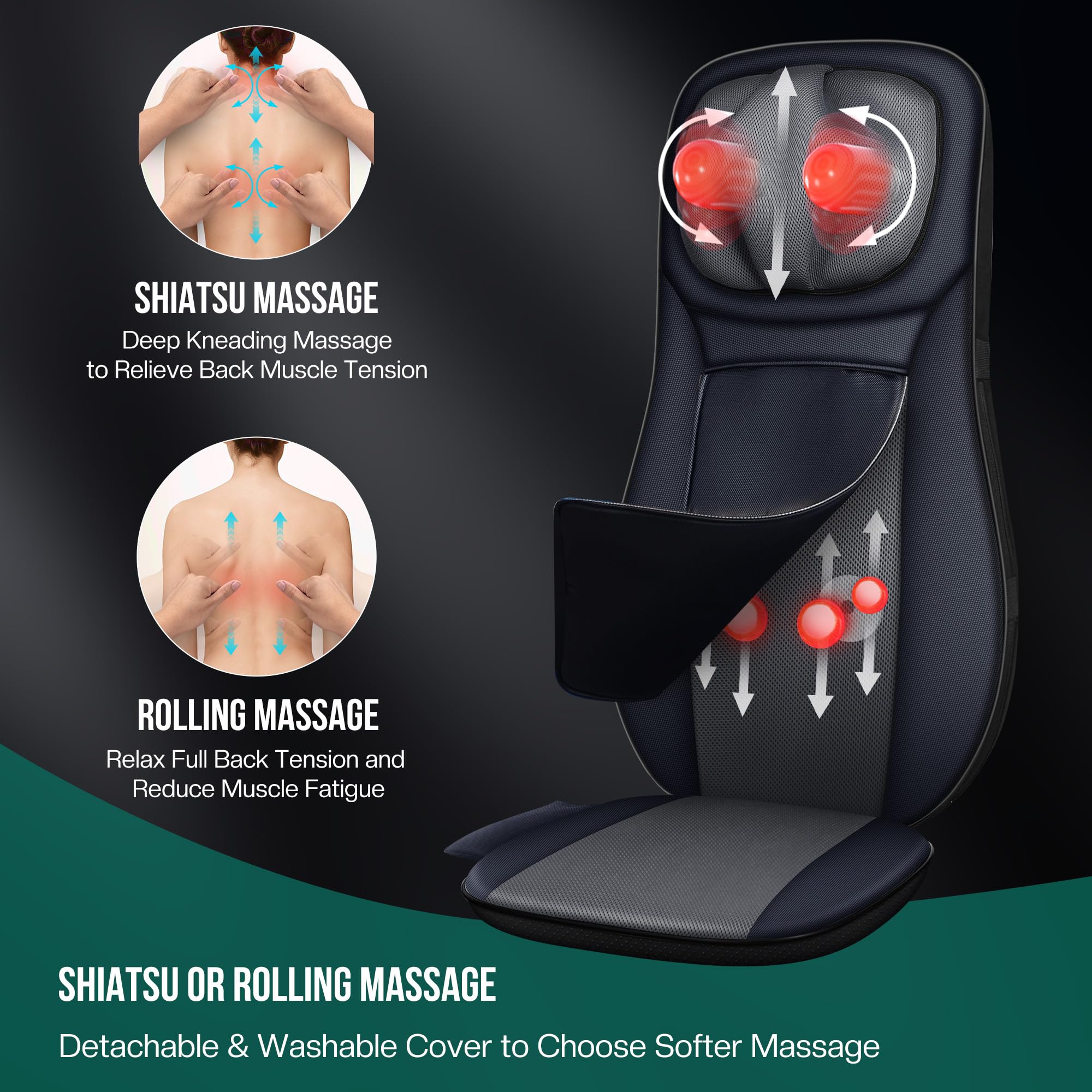 Snailax shiatsu Neck & Back Massager with Heat, Full Back Kneading Shiatsu or Rolling Massage, Massage Chair pad with Height Adjustment, Back Massager for Neck and Shoulder