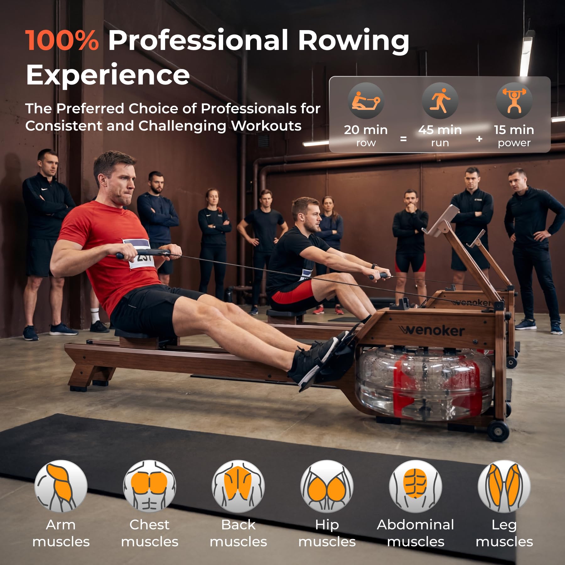 WENOKER Water Rowing Machines for Home Use, Water-Magnetic Dual Resistance Professional Rower Machine with Smart Electronic Knob,Wooden Row with Bluetooth App Compatible for Home Gym Exercise 400 LBS