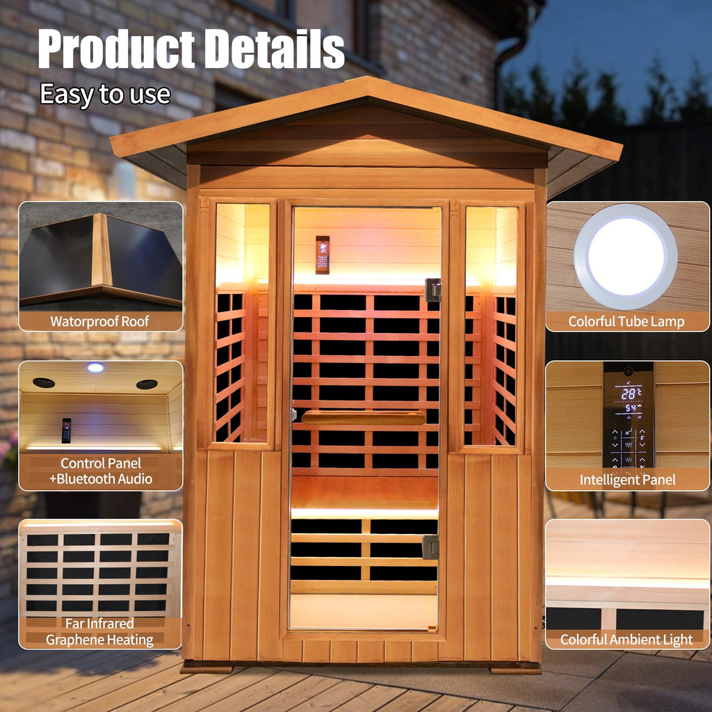 2 Person Infrared Sauna Far Infrared Sauna Room for Home Indoor 2000W Low-EMF Wood Dry Sauna with Full Starry Sky Lights Ceiling in 7 Color Speaker Fast Heating Easy Assembly- 47.3*41.3*74.8 IN
