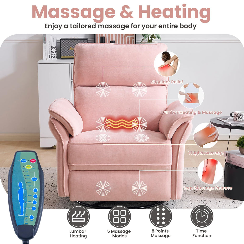 Oversized Rocking Chair Nursery with Massage and Heat, Glider Recliner Nursery Chair with Adjustable Headrest, Power Swivel Rocker Recliner Chair with USB Port, Dark Grey