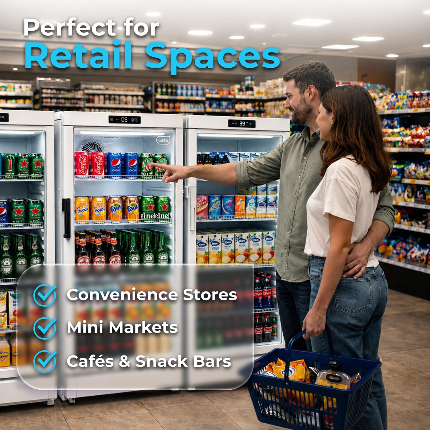 GRS Commercial Display Refrigerator with Glass Door Lock | Cool Air Flow & Temperature | Beverage fridge, Drink and Wine Cooler with Adjustable Display Shelf for Stores and Bars | Black, 7.1 Cu. Ft