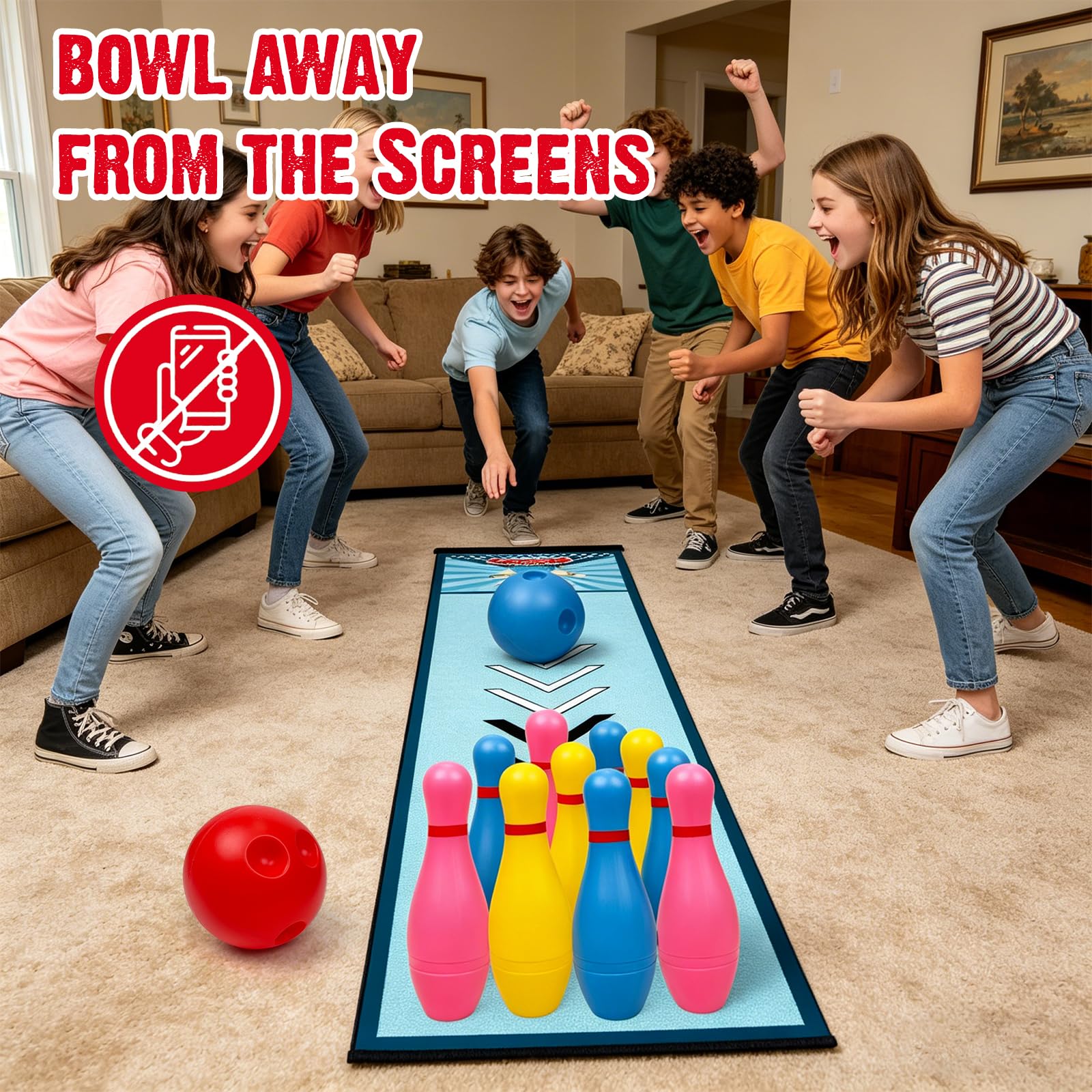 Mini Bowling Set Indoor Outdoor Indoor Bowling Set with Guide Arrow Mat Gold and Silver Medal Backpack Dispensing Suitable for Family Friends Family Party Entertainment