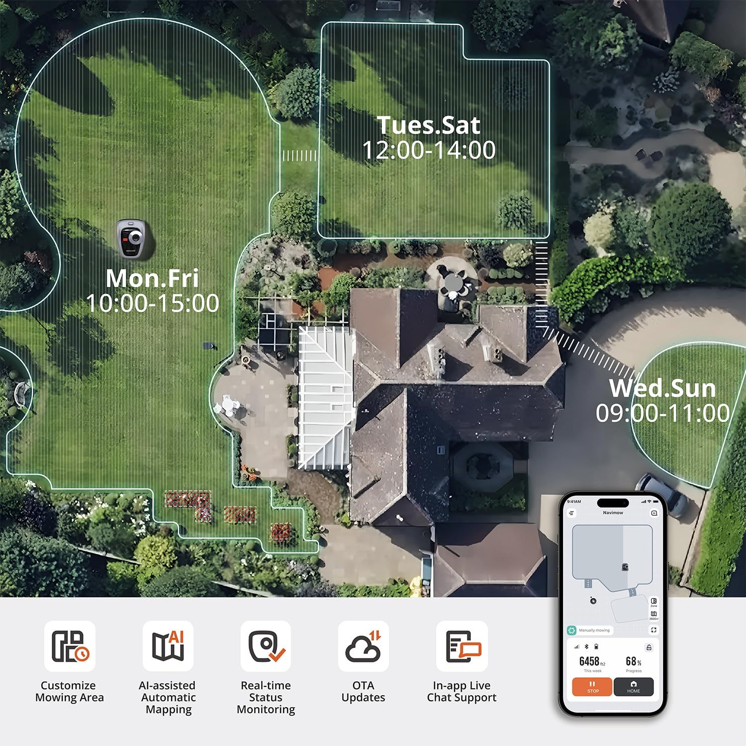 Segway Navimow i210 AWD Robot Lawn Mower Wire Free with Garage S, All-Wheel Drive for 45% Slopes, EFLS NRTK + Vision Auto Mapping, Covers 1/4 Acre (Garage Shipped Separately)