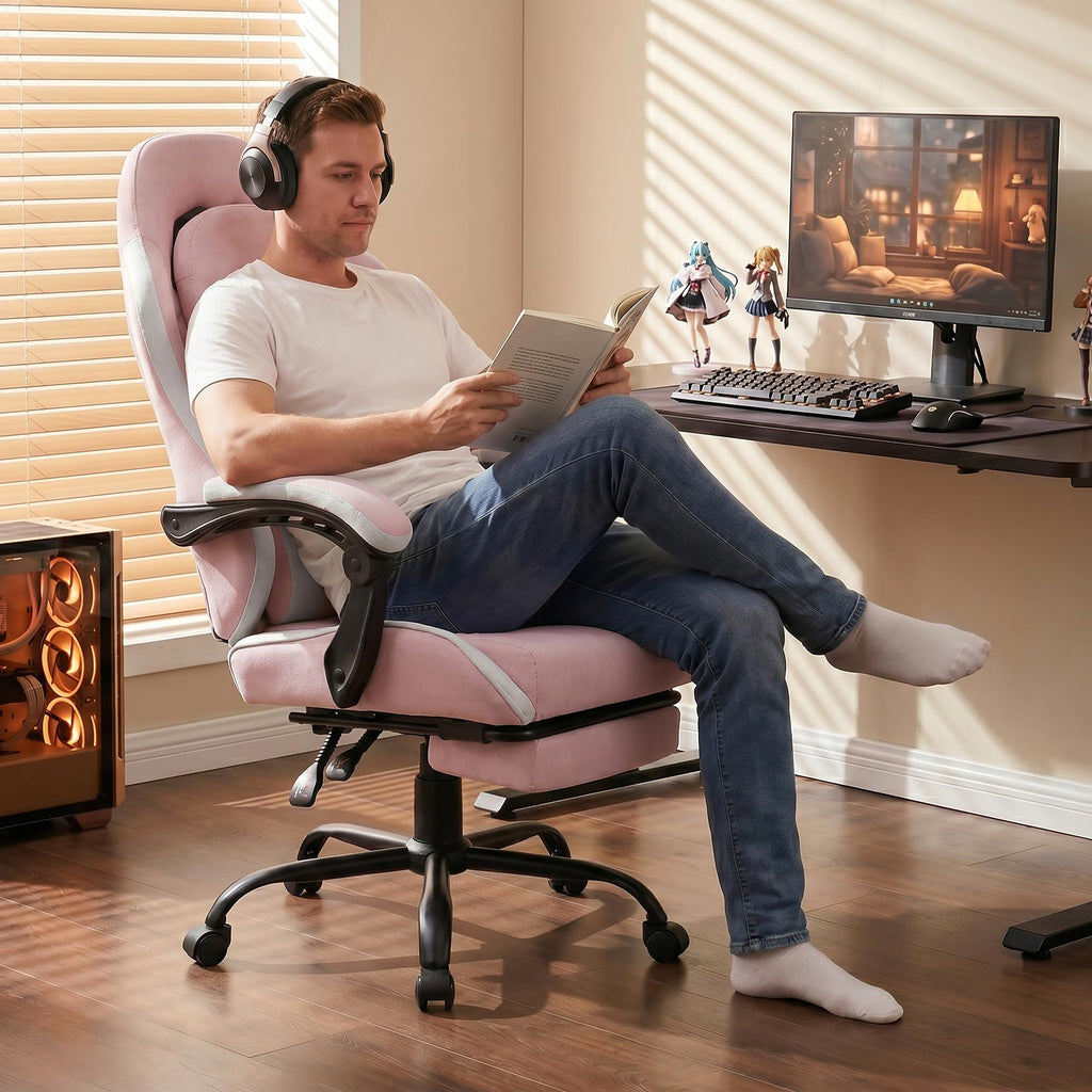 Shintenchi Big and Tall Gaming Chair Fabric Pocket Spring Cushion,High Back Recliner with Footrest and Headrest for Adults, Massage Lumbar Support for Home Office, Ergonomic Computer Desk Chair, Blue