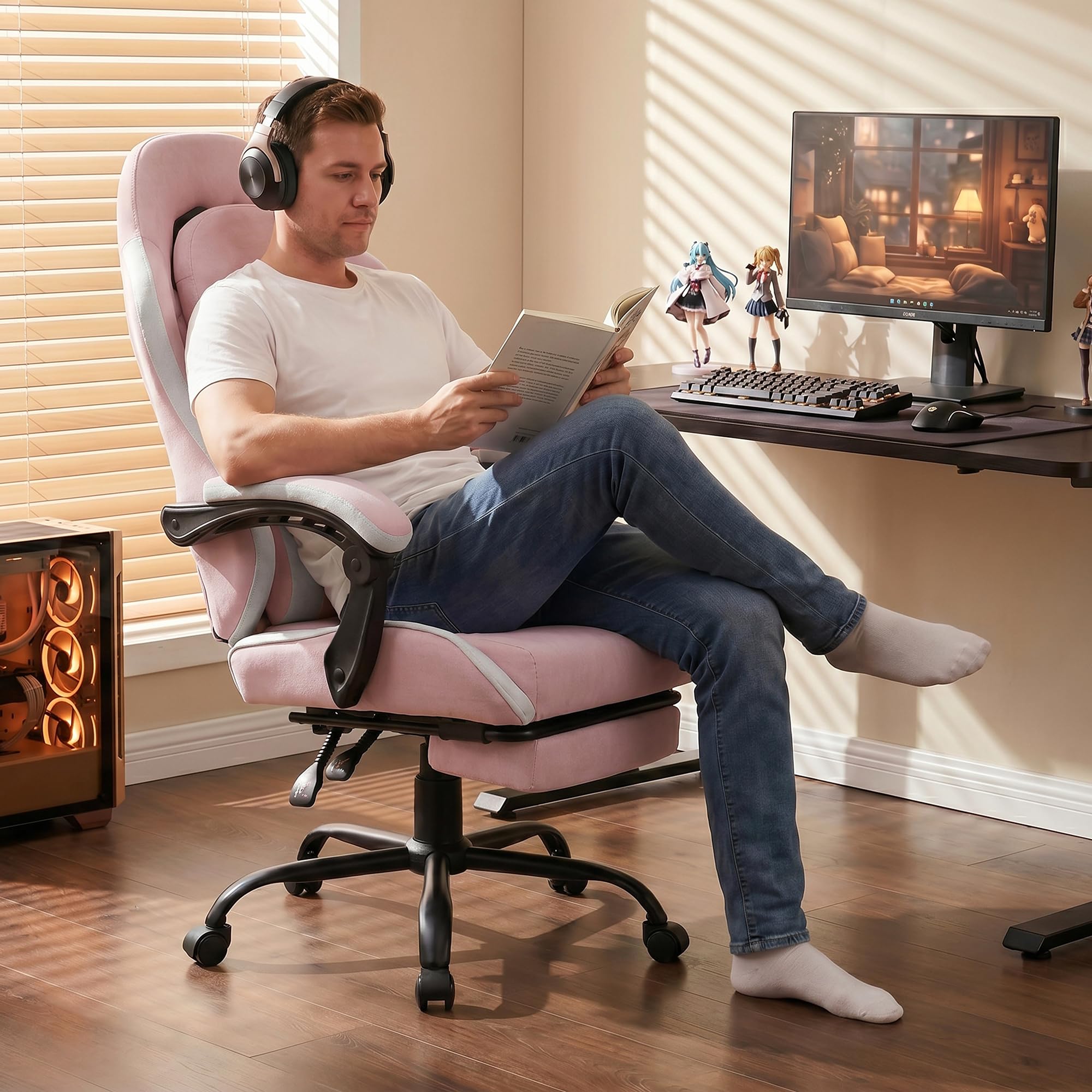 Shintenchi Big and Tall Gaming Chair Fabric Pocket Spring Cushion,High Back Recliner with Footrest and Headrest for Adults, Massage Lumbar Support for Home Office, Ergonomic Computer Desk Chair, Blue