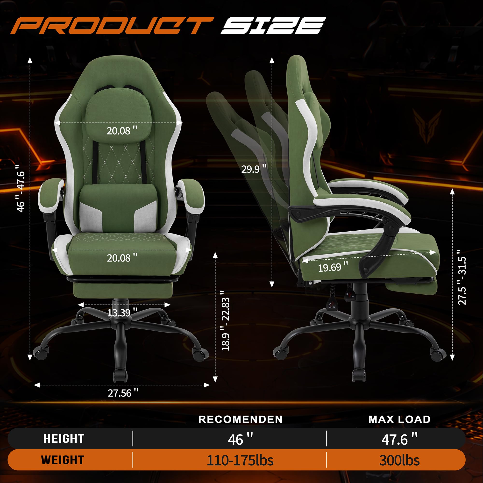 Shintenchi Big and Tall Gaming Chair Fabric Pocket Spring Cushion,High Back Recliner with Footrest and Headrest for Adults, Massage Lumbar Support for Home Office, Ergonomic Computer Desk Chair, Blue