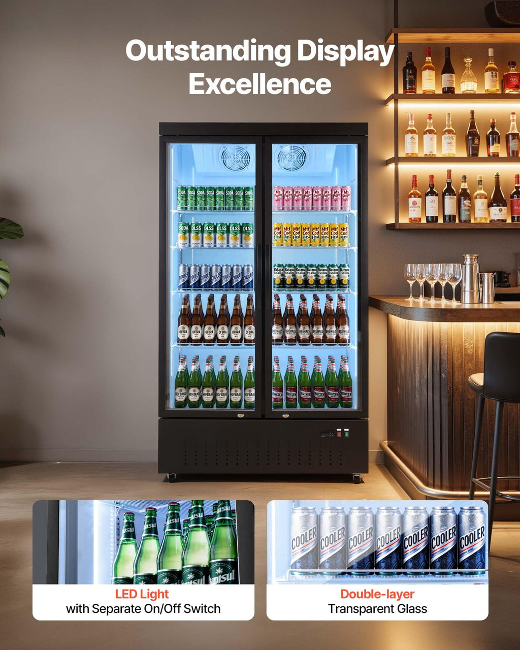 VEVOR Commercial Merchandiser Refrigerator, 6.9 Cu.Ft / 195L Glass Door Display Refrigerator, Upright Beverage Cooler Fridge with 4 Adjustable Shelves, Soft LED Light & Casters for Homes Shops Bars