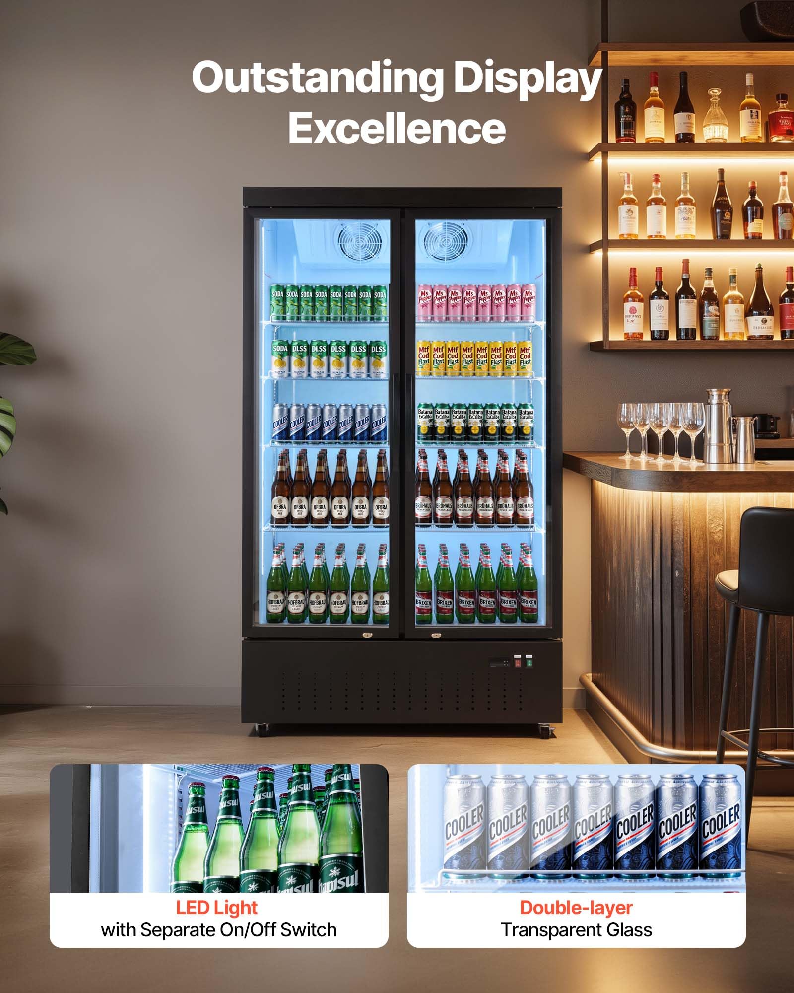 VEVOR Commercial Merchandiser Refrigerator, 6.9 Cu.Ft / 195L Glass Door Display Refrigerator, Upright Beverage Cooler Fridge with 4 Adjustable Shelves, Soft LED Light & Casters for Homes Shops Bars