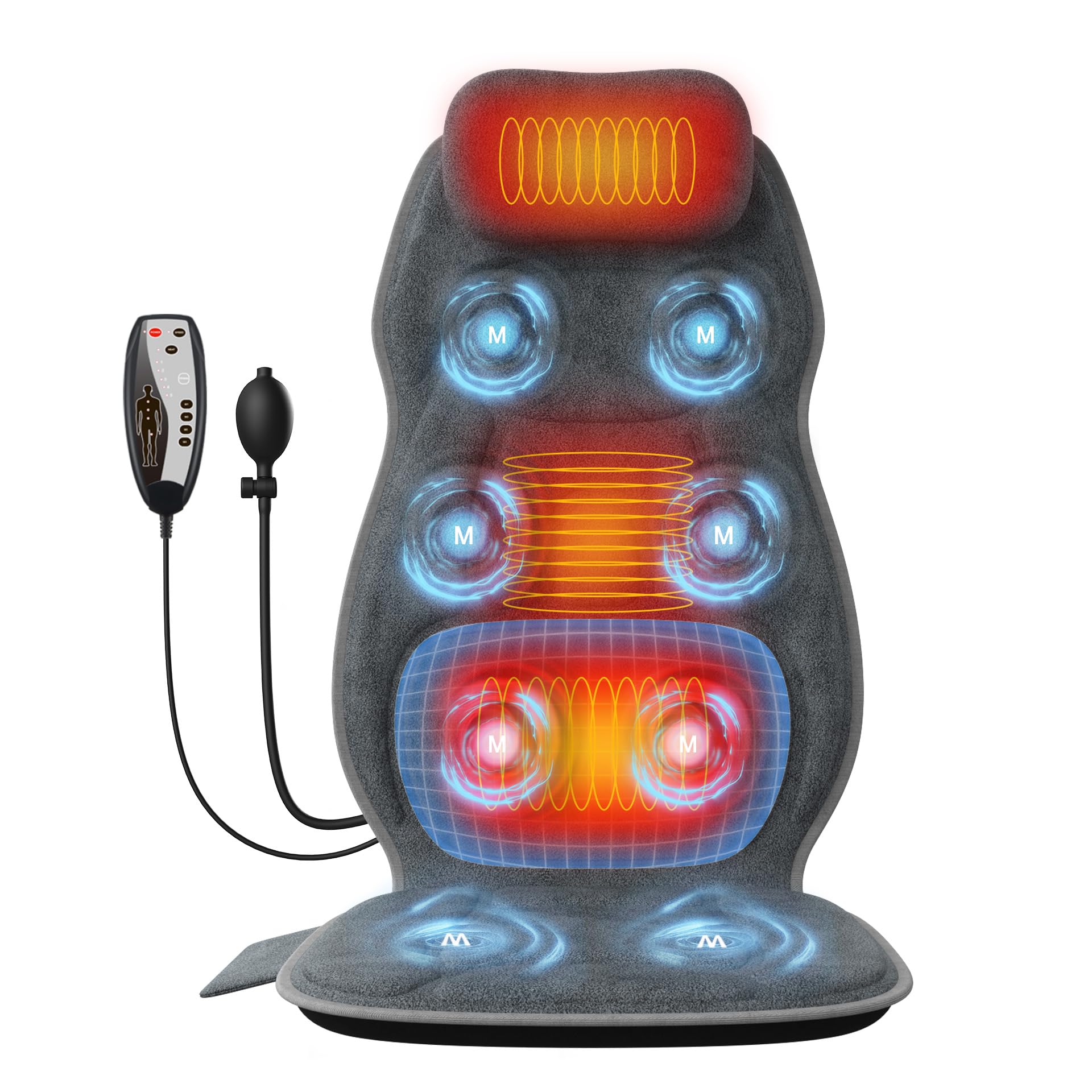 Back Massager with Heat, Full Body Massage Pad with Pillow Neck Support, Soft Plush Fabric Cover, Chair Massager with 3D Lumbar Truction and 8 Vibration Motors, Home Office Use