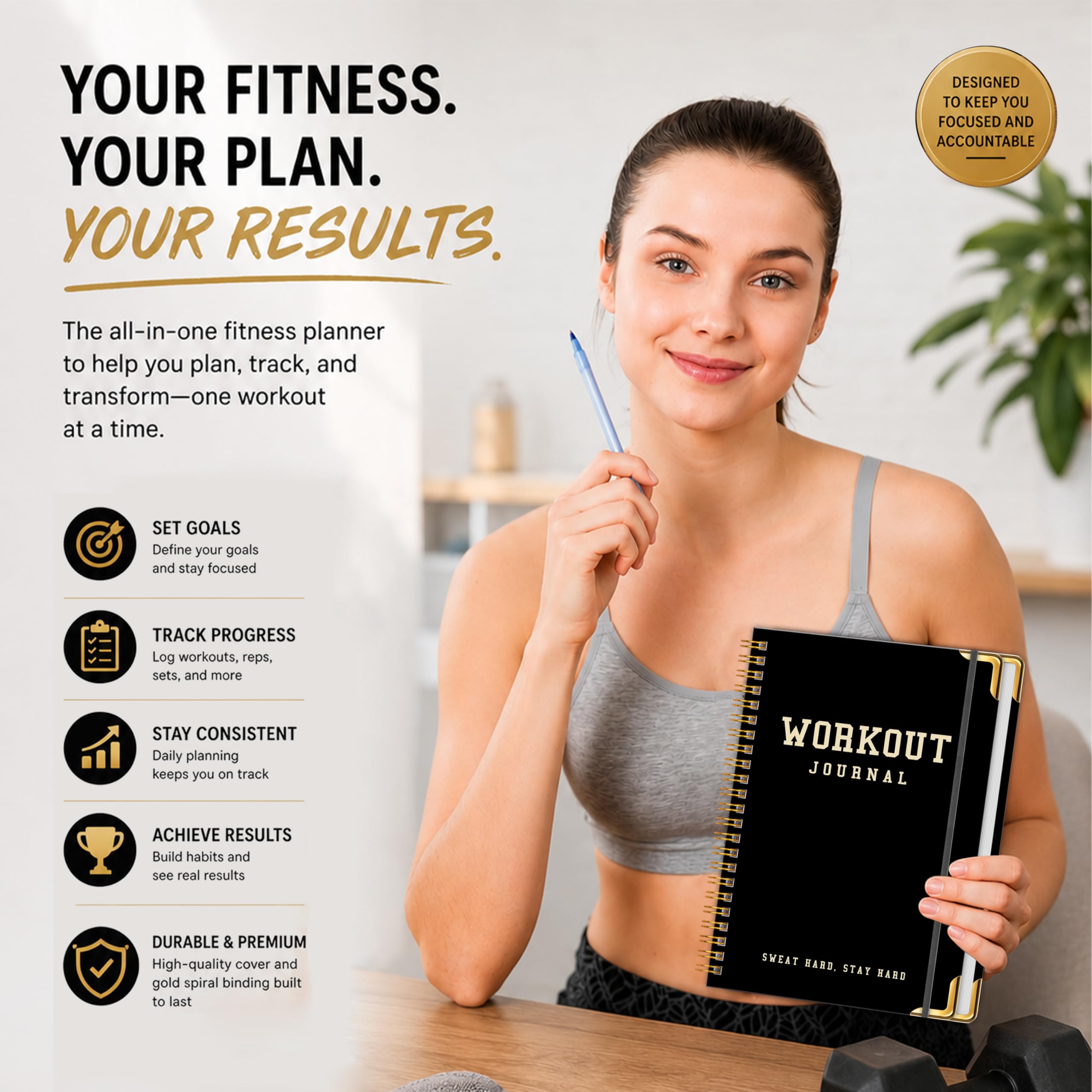 Workout Journal Fitness Tracker Planner for Men & Women, Exercise Log Book to Track Gym & Home Training, Goals, Sets, Reps & Progress, 142 Pages, A5 5.7" x 8.2" Portable Hardcover with Metal Corners, Green