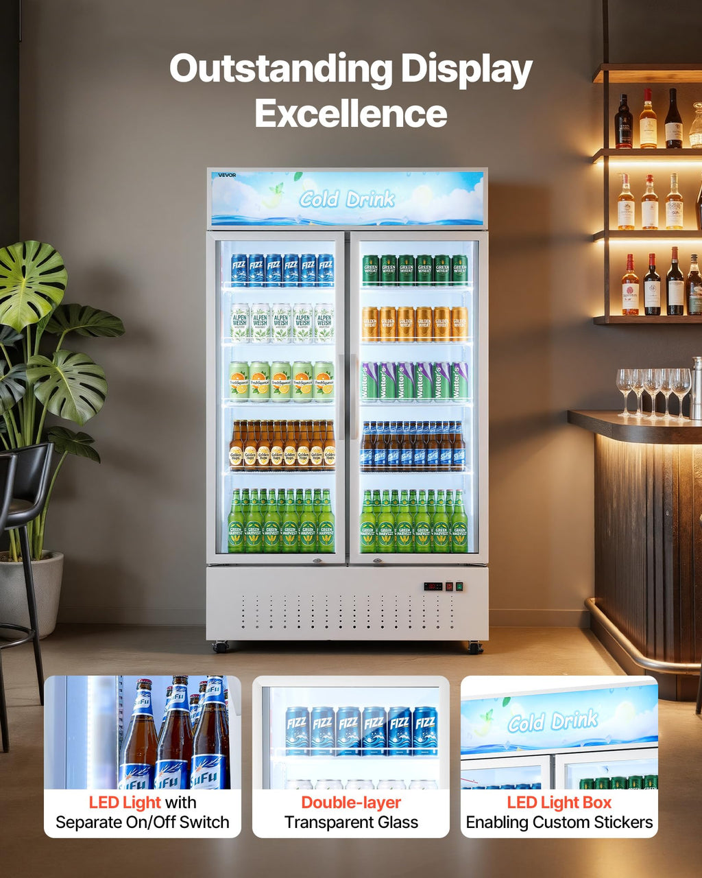 VEVOR Commercial Merchandiser Refrigerator, 6.9 Cu.Ft / 195L Glass Door Display Refrigerator, Upright Beverage Cooler Fridge with 4 Adjustable Shelves, Soft LED Light & Casters for Homes Shops Bars