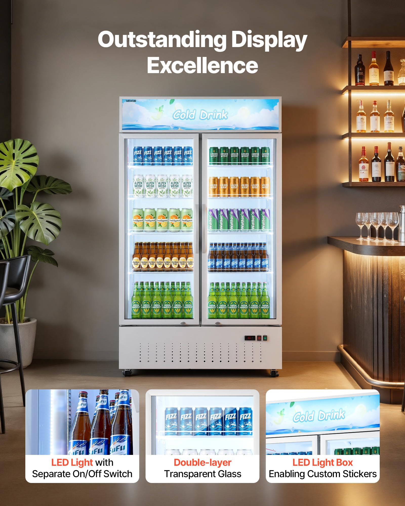 VEVOR Commercial Merchandiser Refrigerator, 6.9 Cu.Ft / 195L Glass Door Display Refrigerator, Upright Beverage Cooler Fridge with 4 Adjustable Shelves, Soft LED Light & Casters for Homes Shops Bars